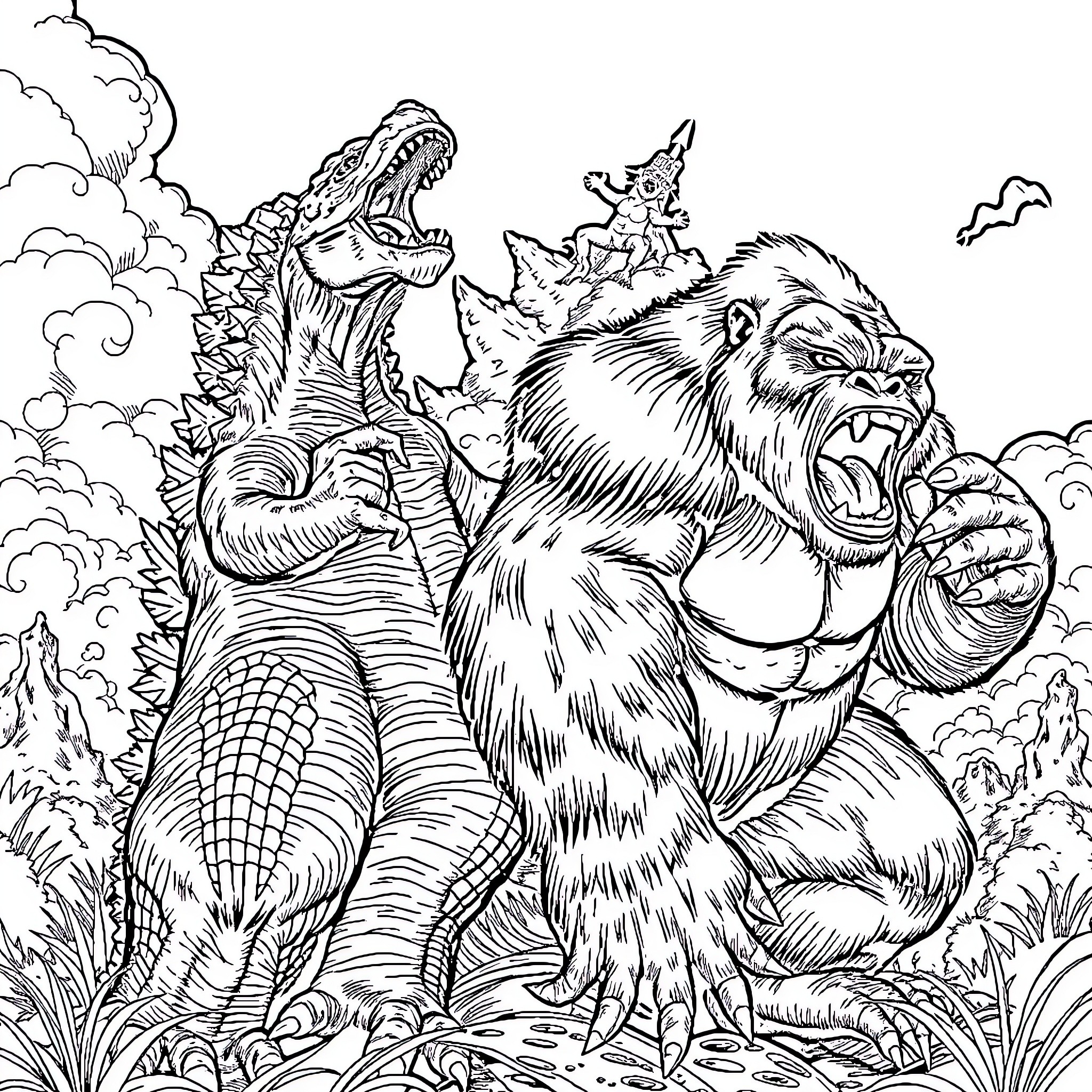 Godzilla battling giant monsters in a landscape Coloring Page (free black-and-white line drawing printable PDF for all, from beginners to advanced learners, including children, teens, adults, and seniors)