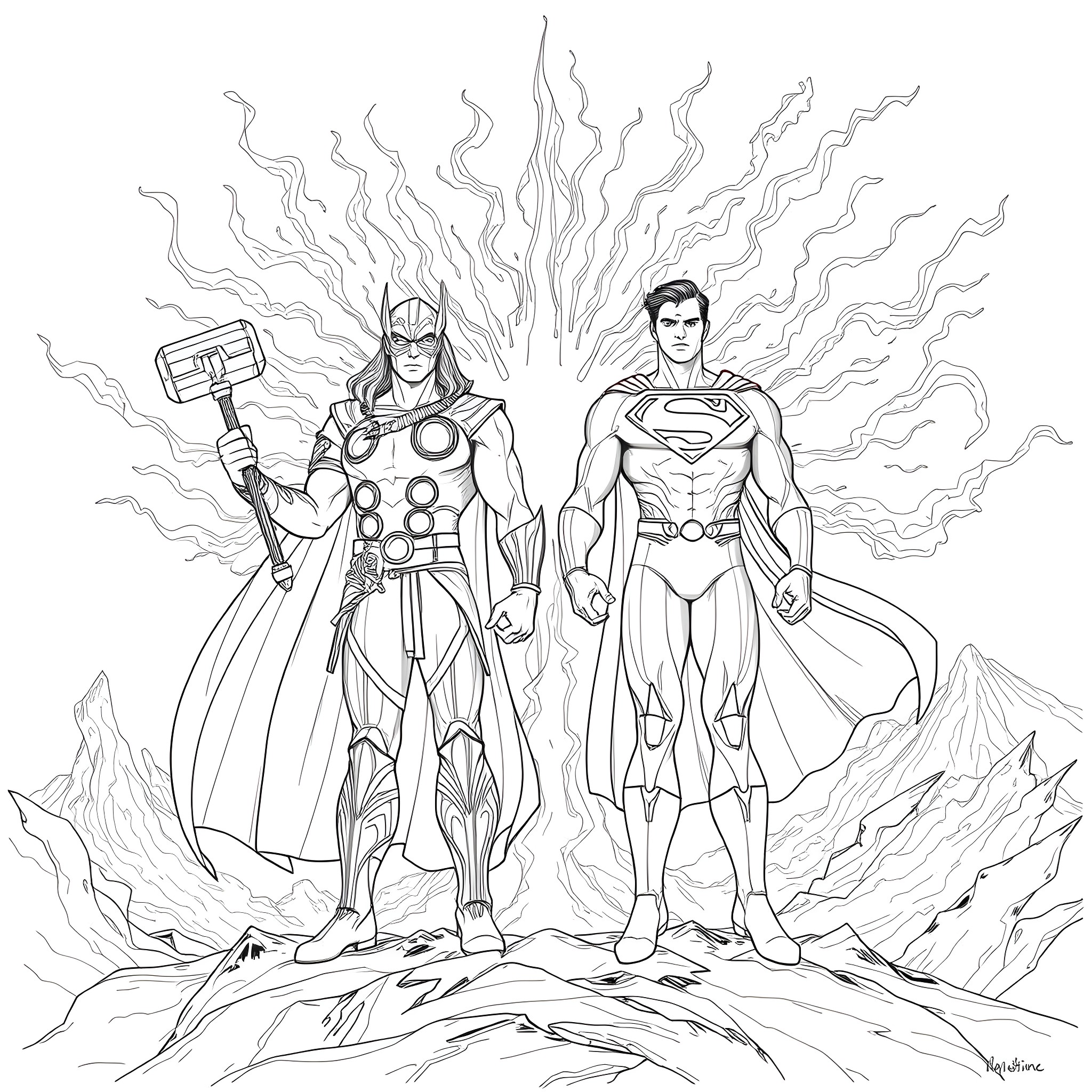 Thor and Superman in heroic battle stance Coloring Page (free black-and-white line drawing printable PDF for all, from beginners to advanced learners, including children, teens, adults, and seniors)
