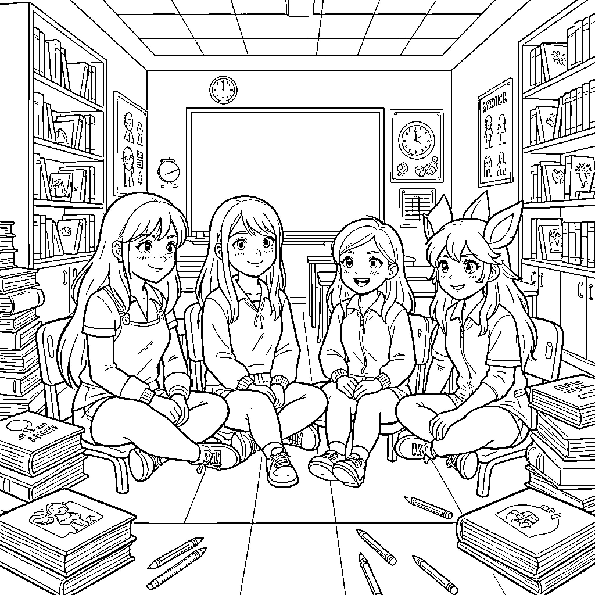 School Friends Studying Together in the Library Coloring Page (free black-and-white line drawing printable PDF for all, from beginners to advanced learners, including children, teens, adults, and seniors)