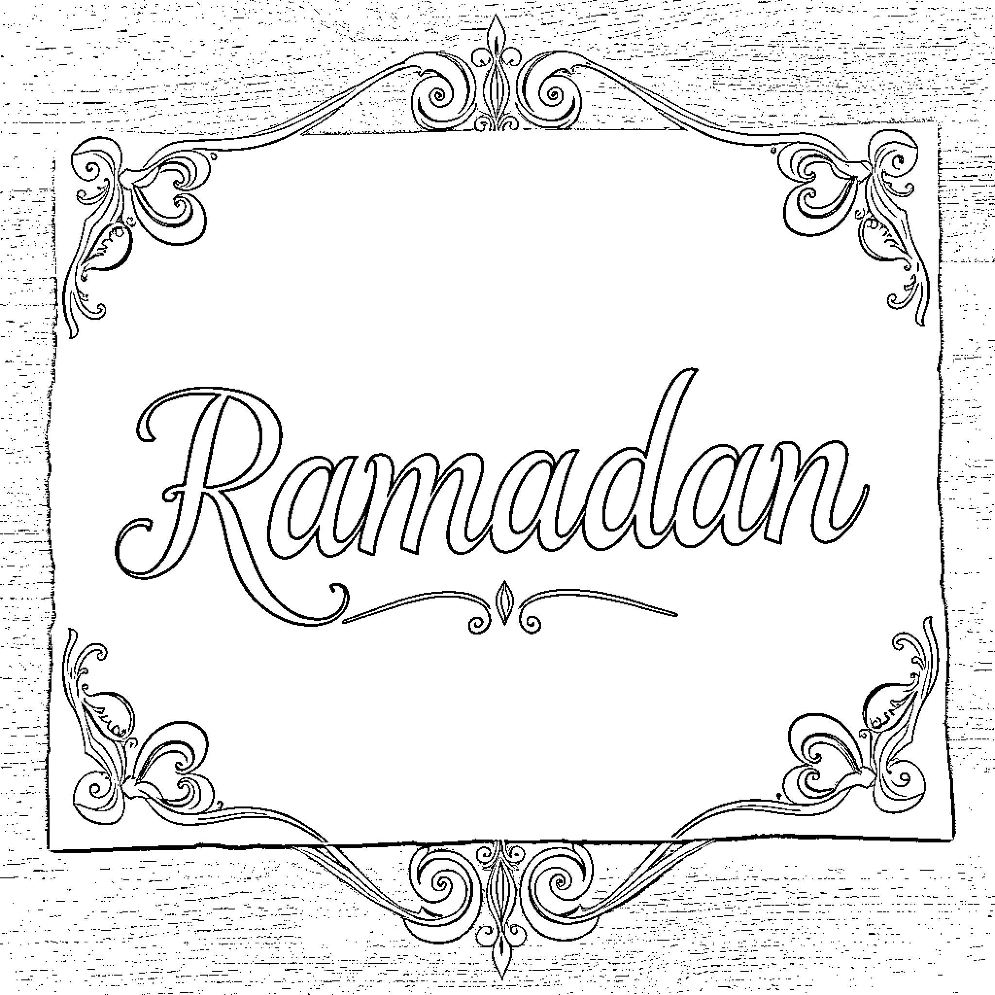 Ramadan Celebration with Decorative Frame Coloring Page (free black-and-white line drawing printable PDF for all, from beginners to advanced learners, including children, teens, adults, and seniors)