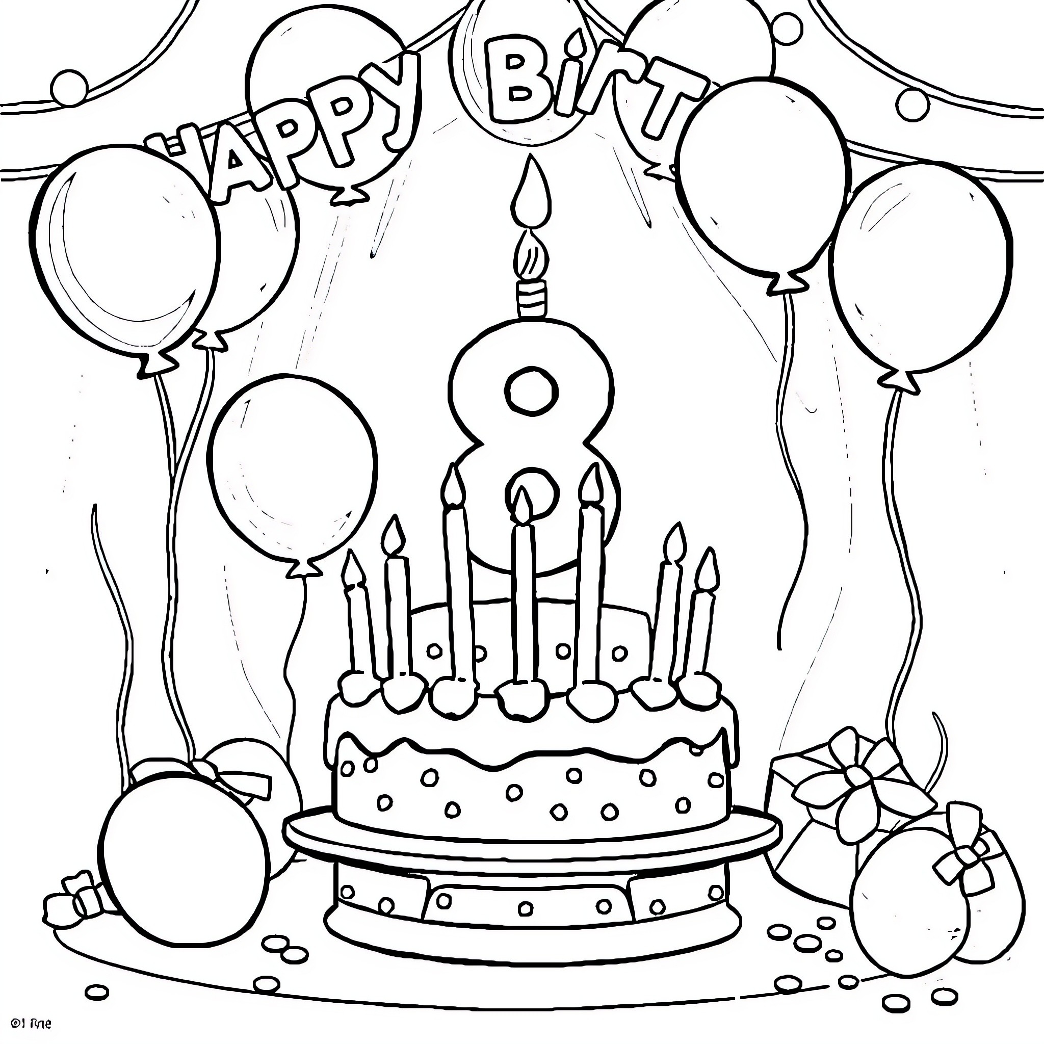 Birthday Celebration with Cake and Balloons Coloring Page (free black-and-white line drawing printable PDF for all, from beginners to advanced learners, including children, teens, adults, and seniors)