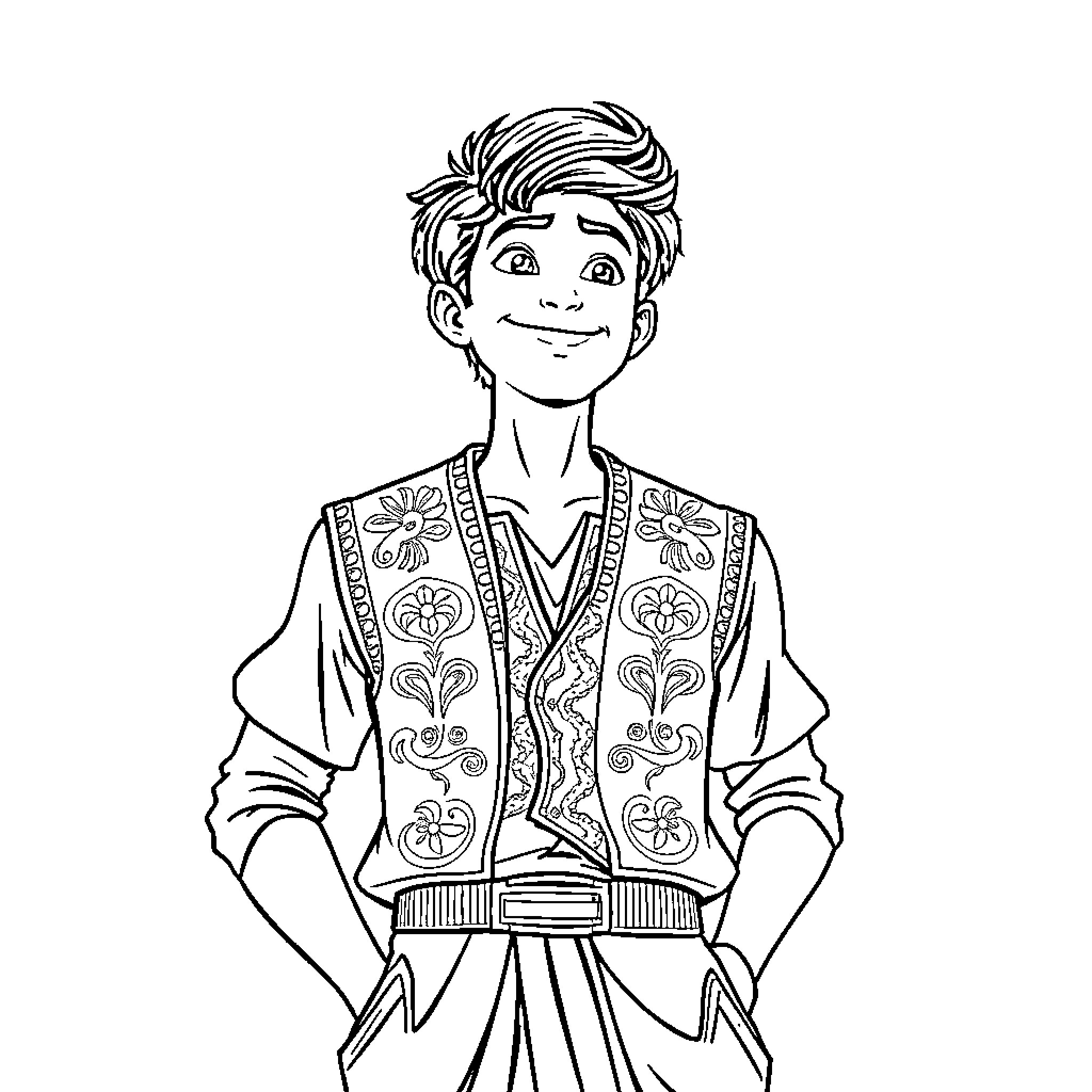 Aladdin Rahaj in Folkloric Attire Smiling Cheerfully Coloring Page (free black-and-white line drawing printable PDF for all, from beginners to advanced learners, including children, teens, adults, and seniors)