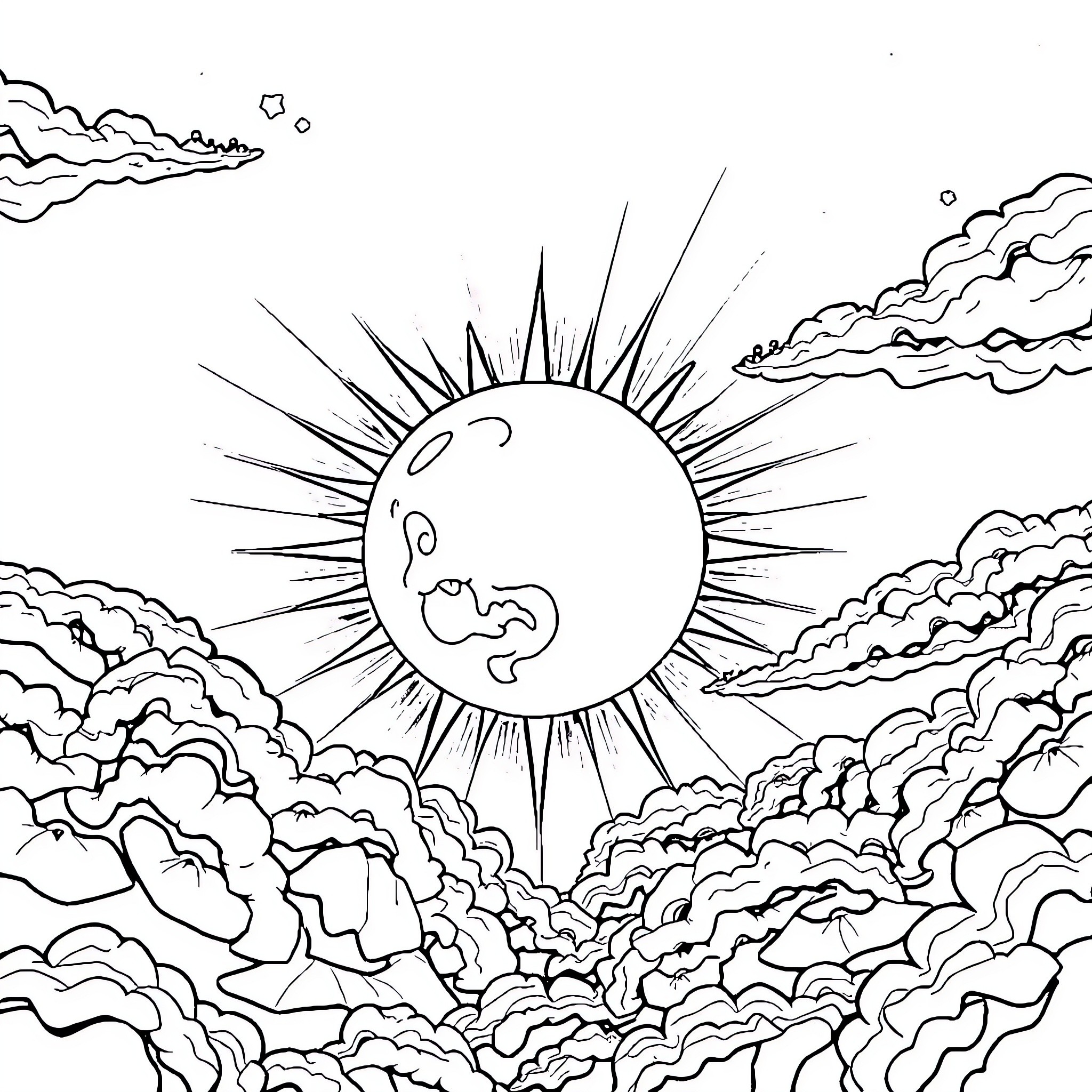 Sun and Moon embracing in the cloudy sky Coloring Page (free black-and-white line drawing printable PDF for all, from beginners to advanced learners, including children, teens, adults, and seniors)