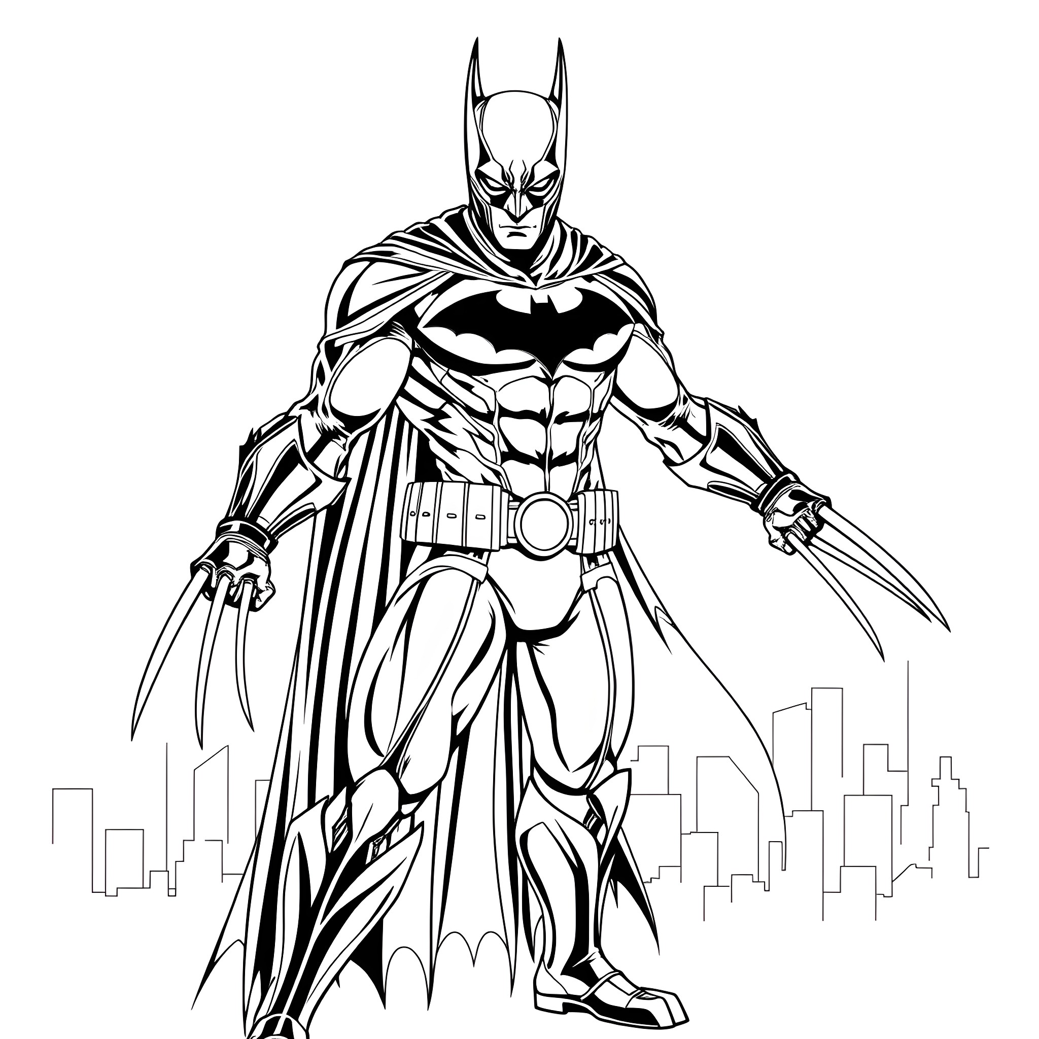 Dark Claw hero in action pose with city skyline Coloring Page (free black-and-white line drawing printable PDF for all, from beginners to advanced learners, including children, teens, adults, and seniors)