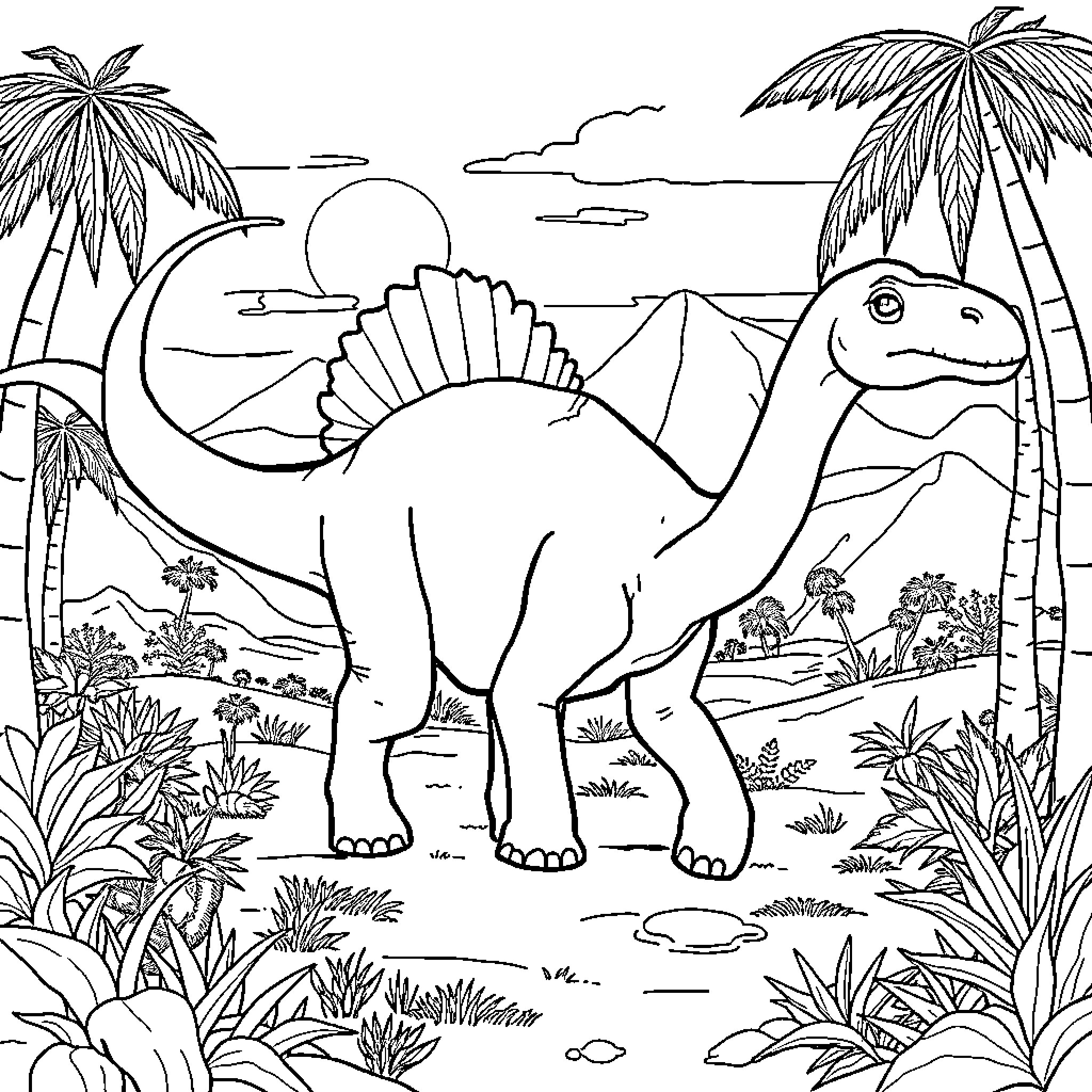 Dinosaur roaming through the tropical landscape Coloring Page (free black-and-white line drawing printable PDF for all, from beginners to advanced learners, including children, teens, adults, and seniors)