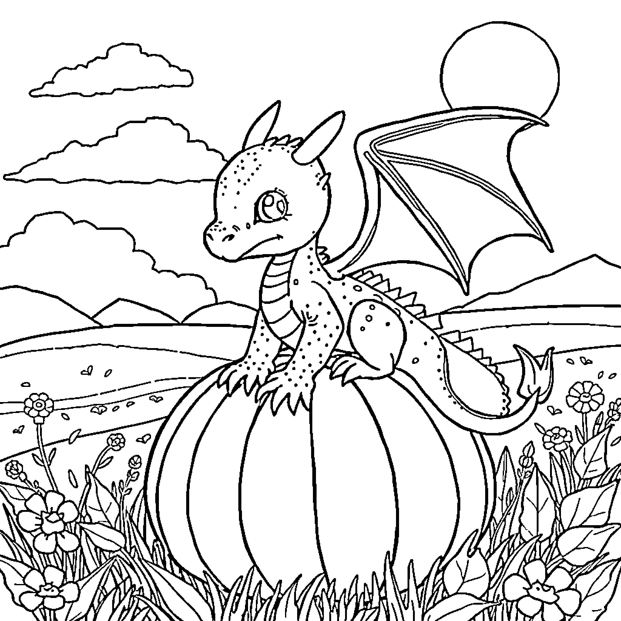 Dragon soaring in the moonlit night Coloring Page (free black-and-white line drawing printable PDF for all, from beginners to advanced learners, including children, teens, adults, and seniors)