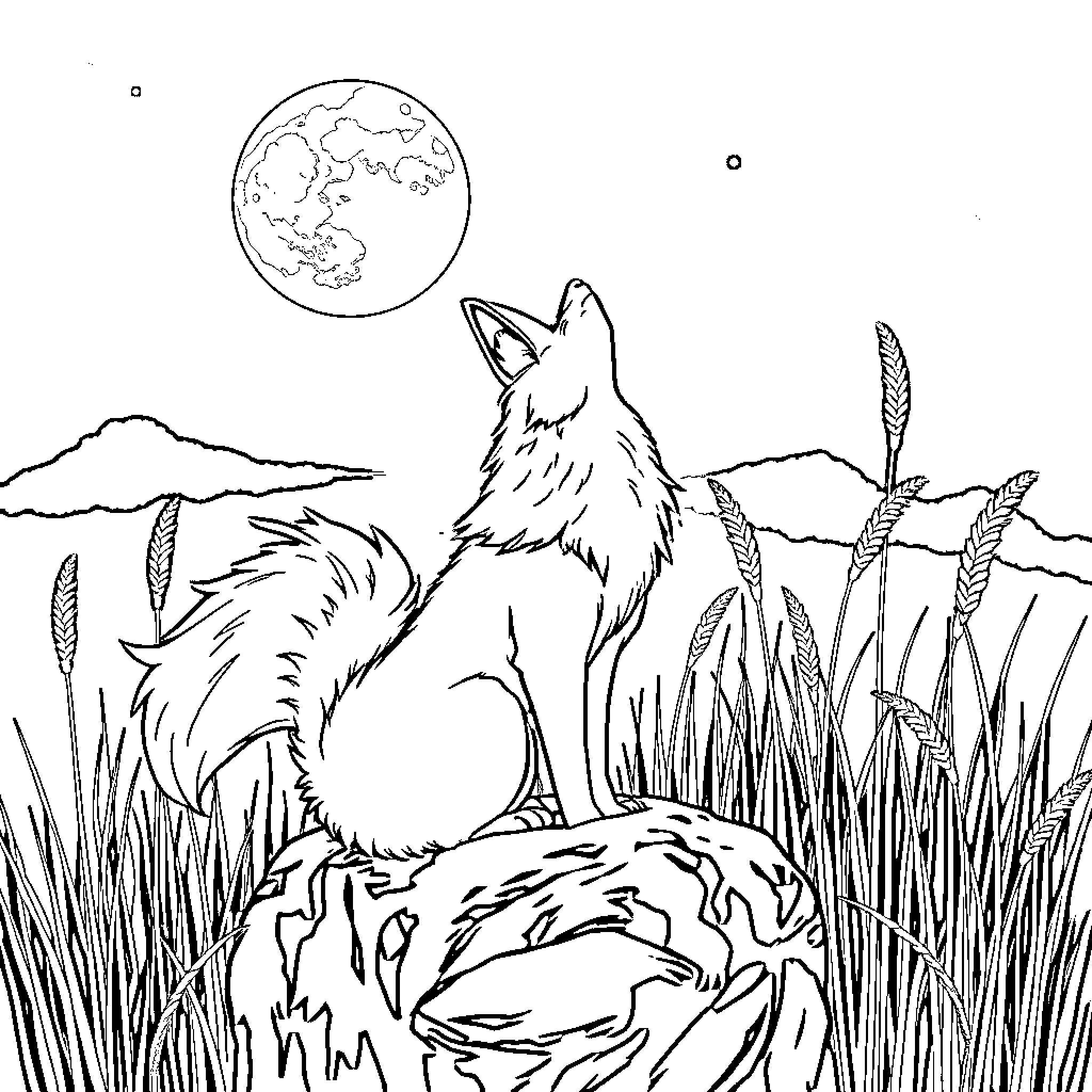 Kitsune howling at the moonlit night Coloring Page (free black-and-white line drawing printable PDF for all, from beginners to advanced learners, including children, teens, adults, and seniors)