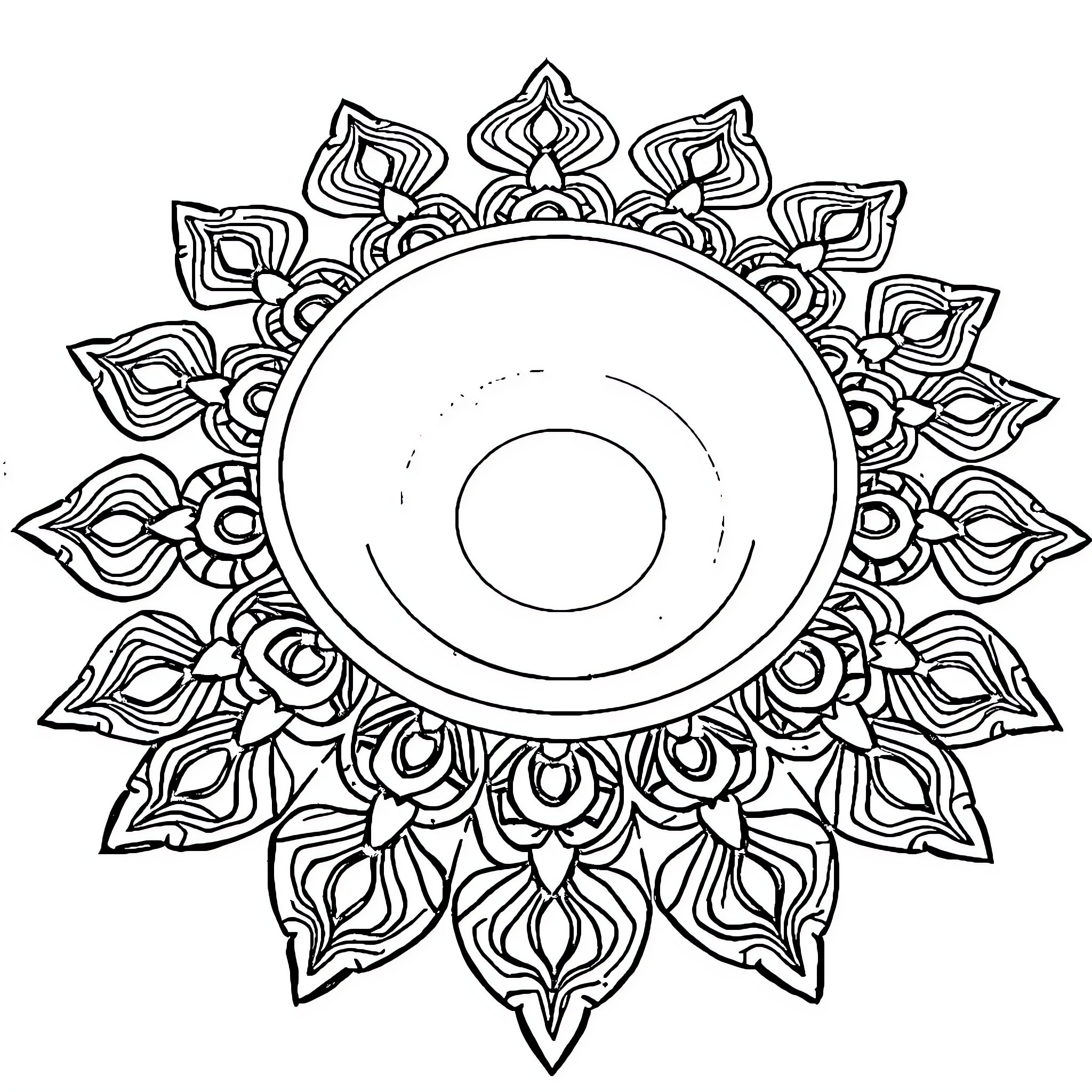 Rangoli of intricate floral patterns and shapes Coloring Page (free black-and-white line drawing printable PDF for all, from beginners to advanced learners, including children, teens, adults, and seniors)