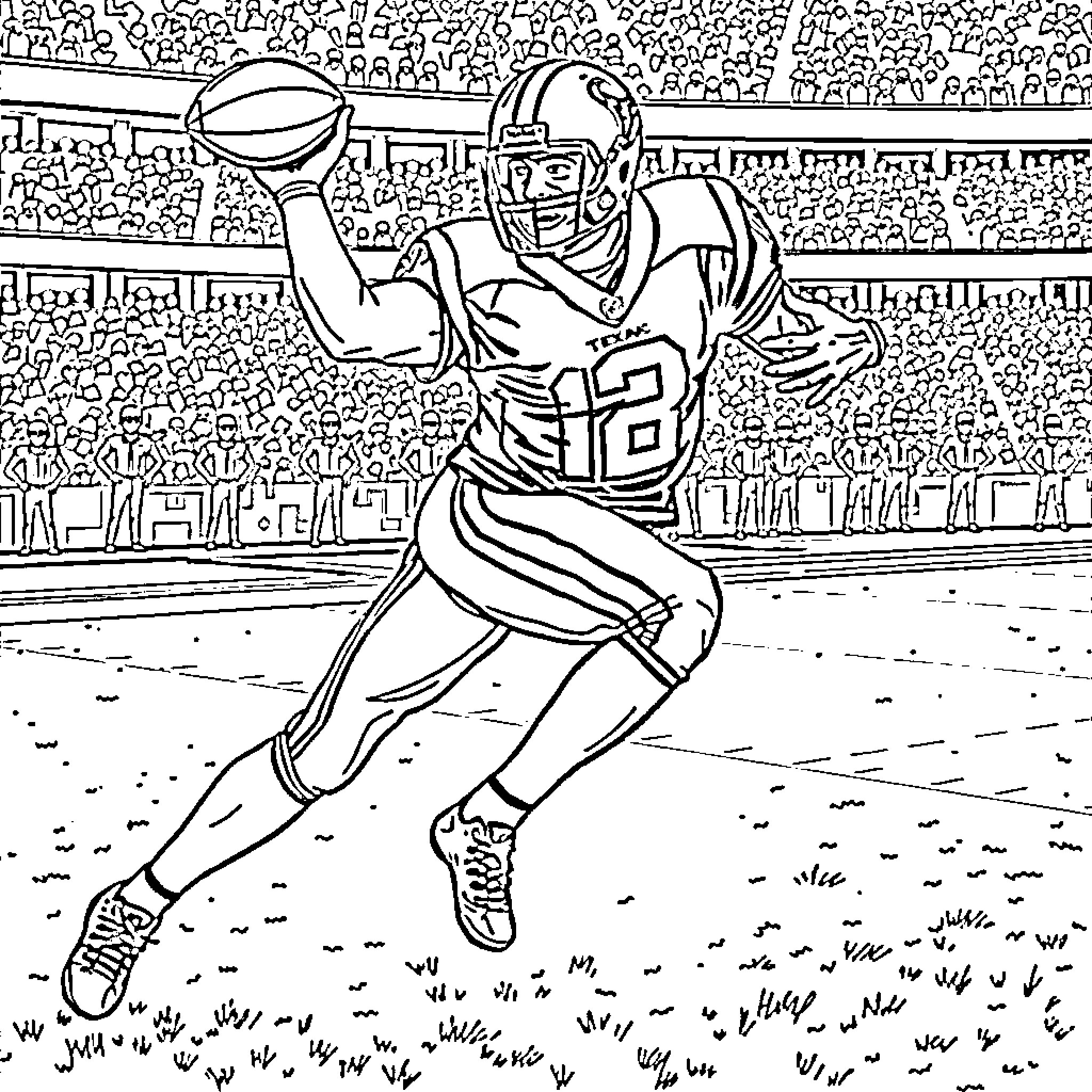 Houston Texans Player in Football Stadium Coloring Page (free black-and-white line drawing printable PDF for all, from beginners to advanced learners, including children, teens, adults, and seniors)