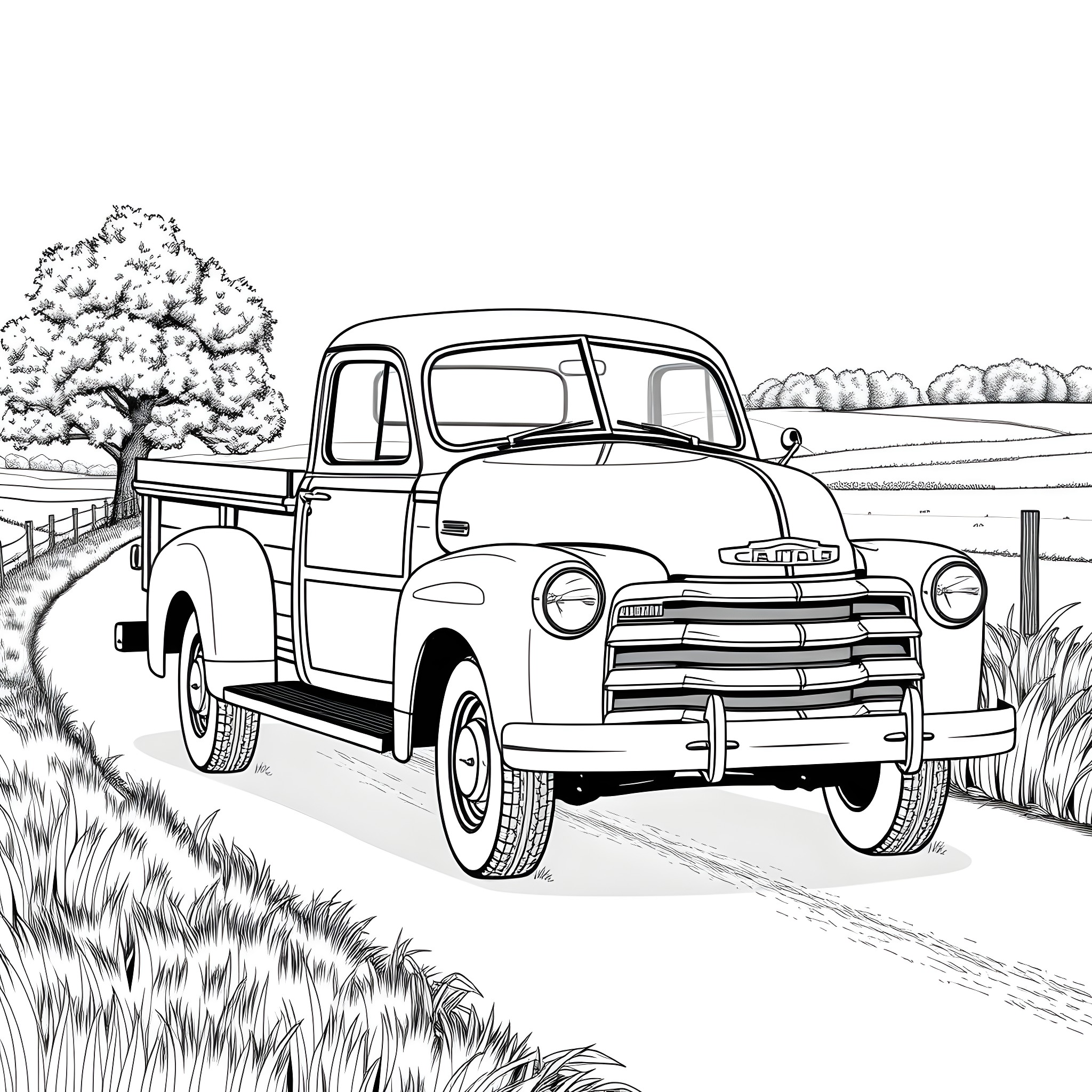 Truck parked in a rural landscape Coloring Page (free black-and-white line drawing printable PDF for all, from beginners to advanced learners, including children, teens, adults, and seniors)