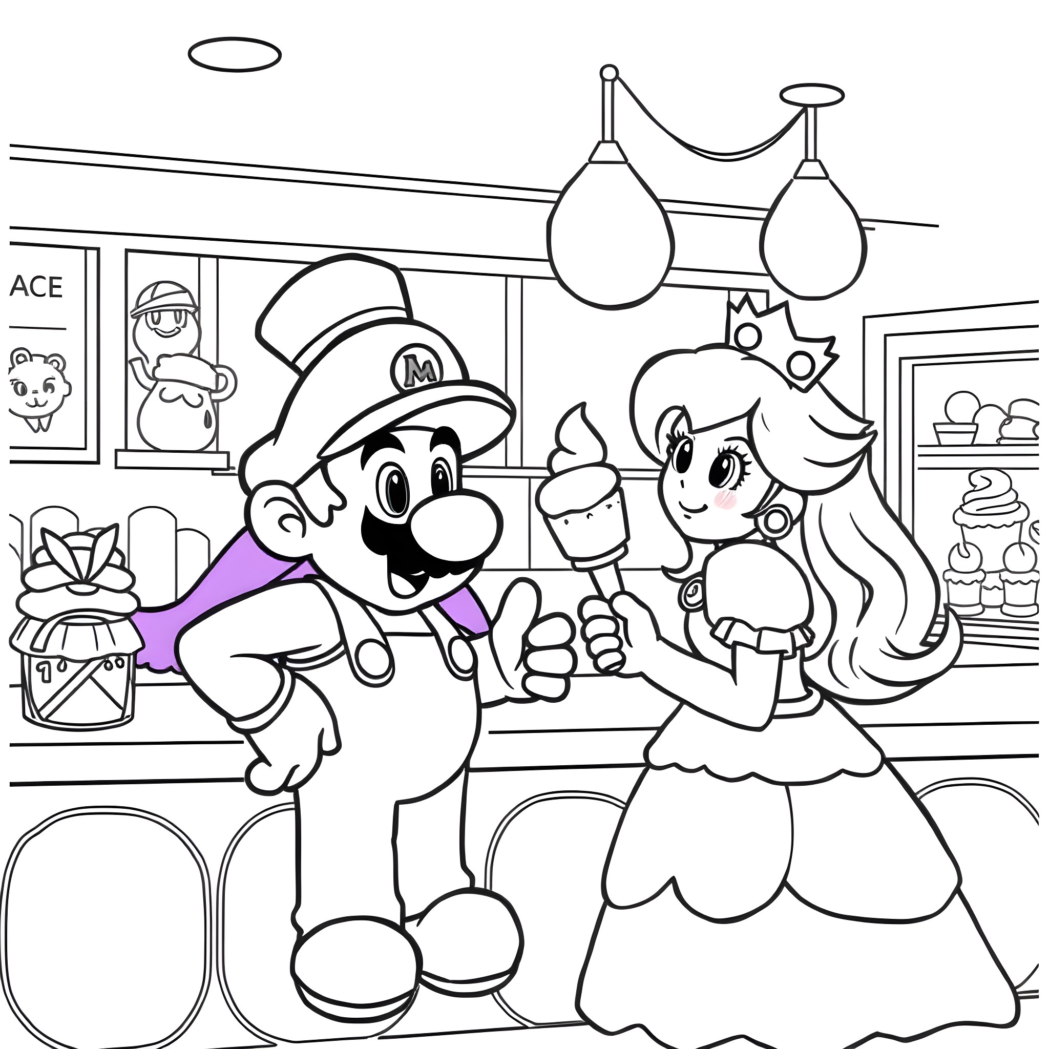 Mario and Peach dancing together in a colorful cafe Coloring Page (free black-and-white line drawing printable PDF for all, from beginners to advanced learners, including children, teens, adults, and seniors)