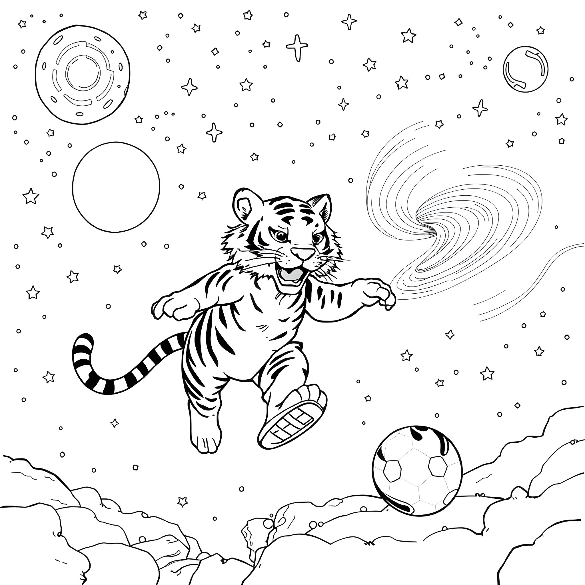 Tiger soaring through cosmic space with planets and stars Coloring Page (free black-and-white line drawing printable PDF for all, from beginners to advanced learners, including children, teens, adults, and seniors)