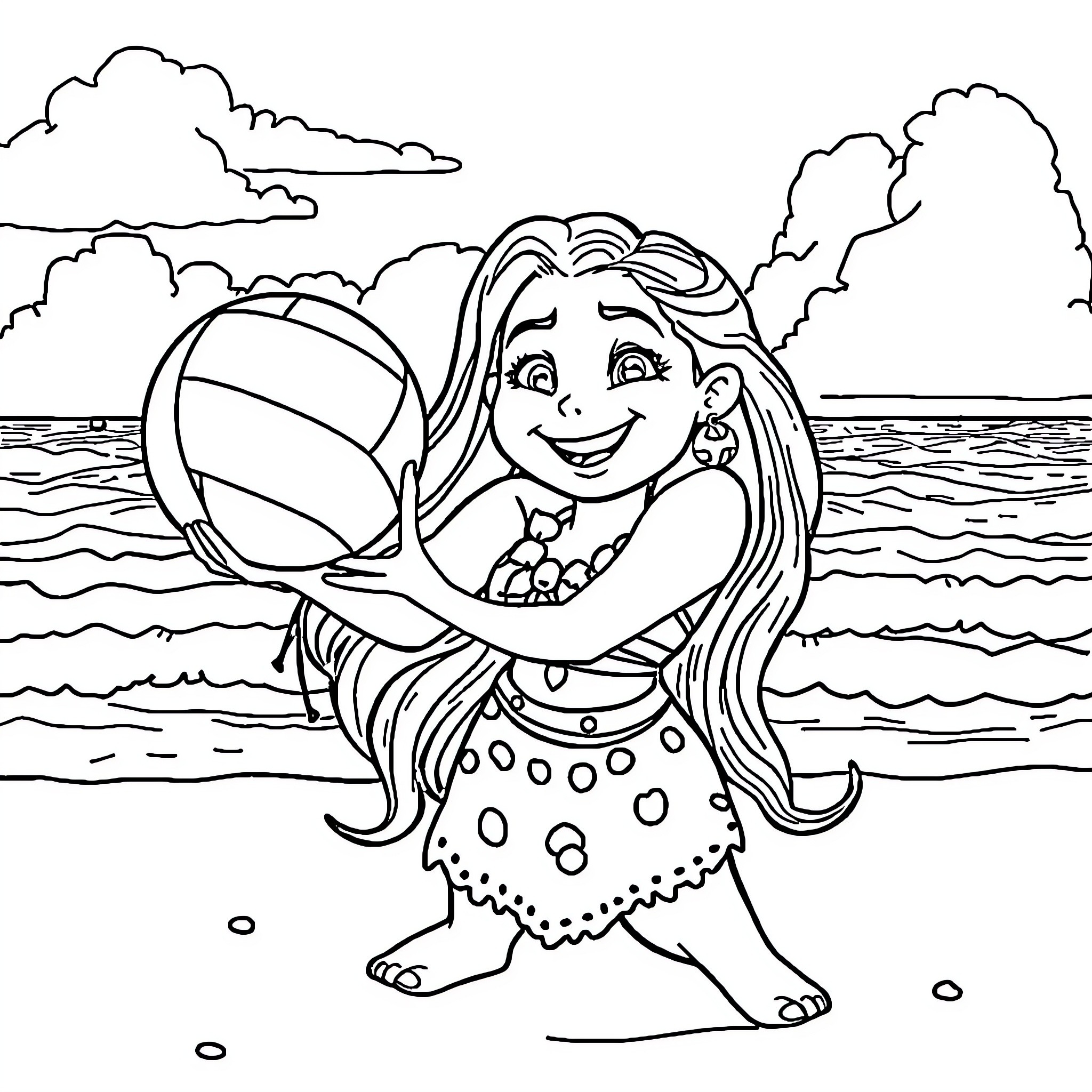 Moana playing with beach ball in the ocean Coloring Page (free black-and-white line drawing printable PDF for all, from beginners to advanced learners, including children, teens, adults, and seniors)