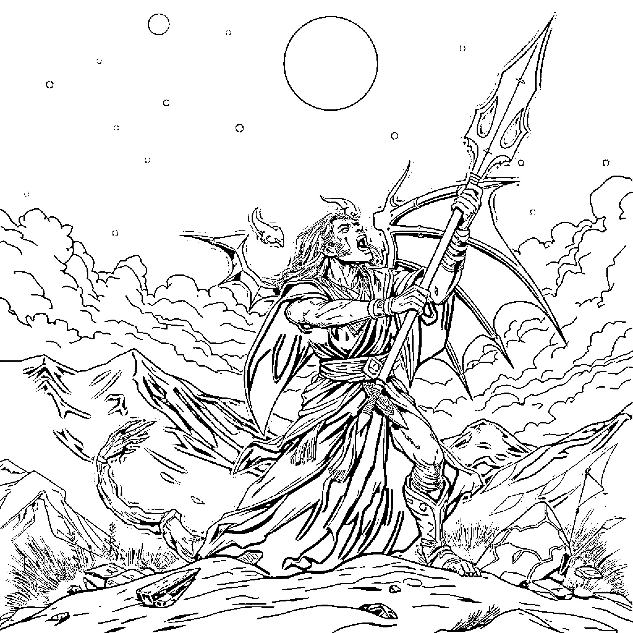 Demon Slayer Warrior Stands Triumphant in Mountainous Landscape Coloring Page (free black-and-white line drawing printable PDF for all, from beginners to advanced learners, including children, teens, adults, and seniors)