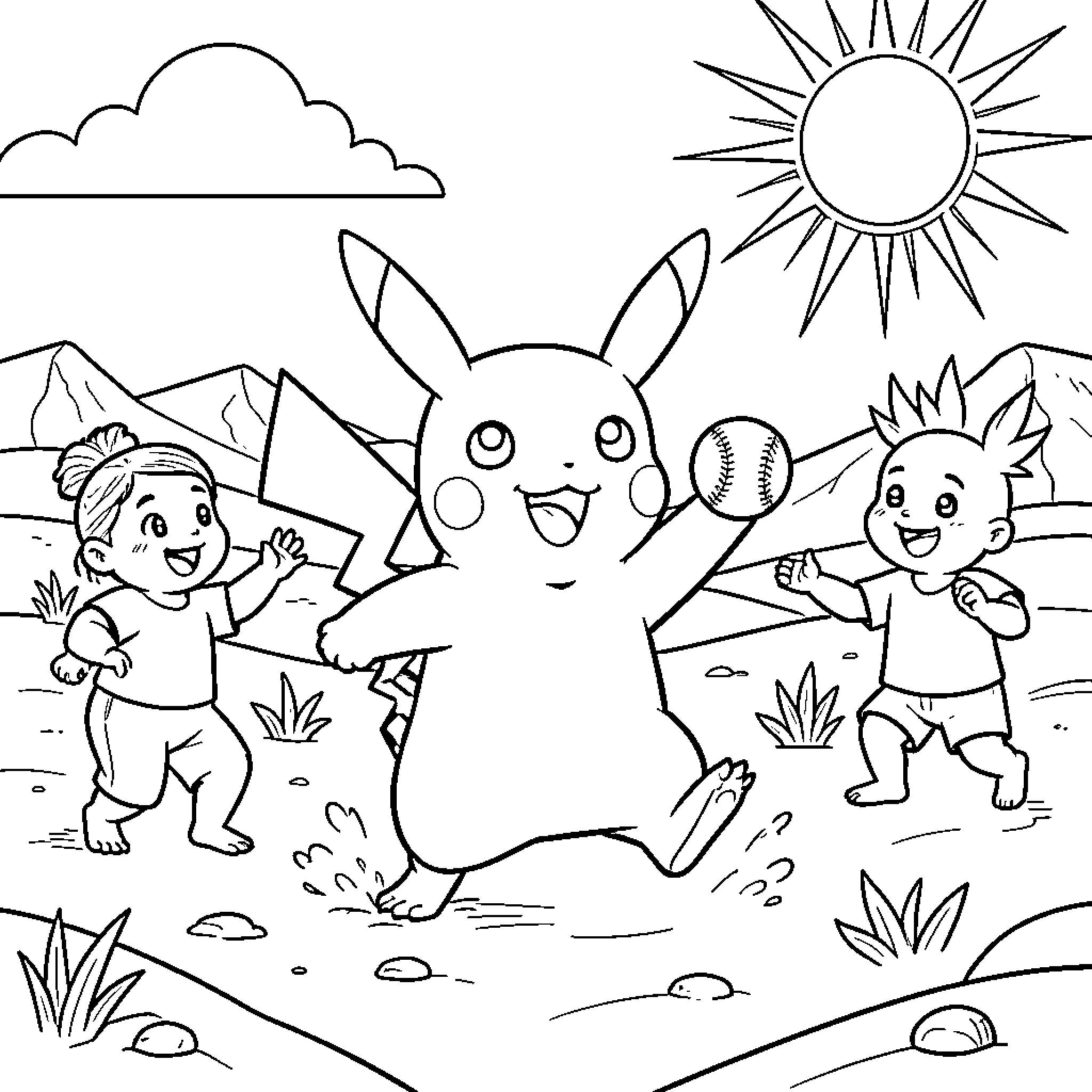 Pikachu playing with children outdoors Coloring Page (free black-and-white line drawing printable PDF for all, from beginners to advanced learners, including children, teens, adults, and seniors)