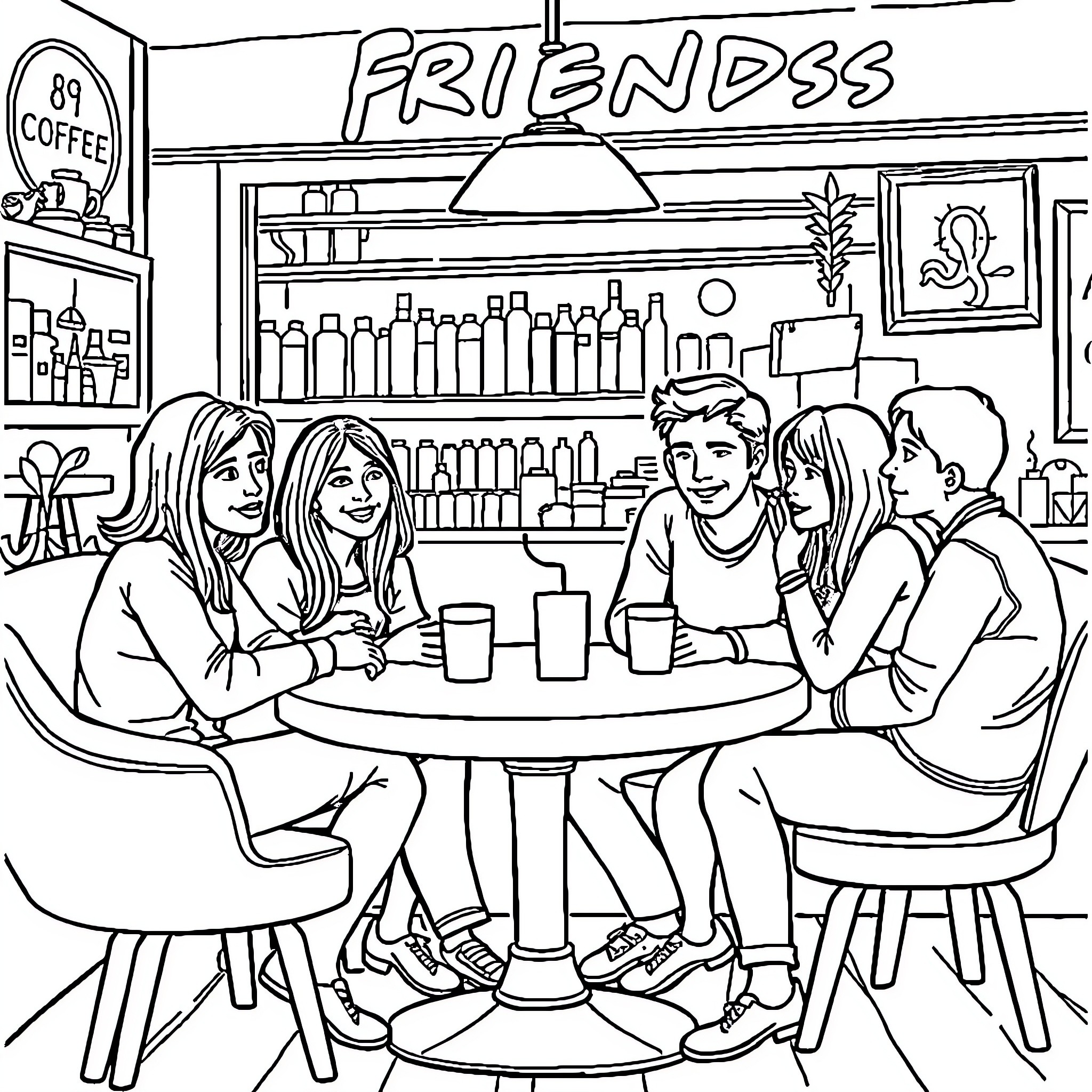 Friends enjoying coffee and conversation at the cafe Coloring Page (free black-and-white line drawing printable PDF for all, from beginners to advanced learners, including children, teens, adults, and seniors)