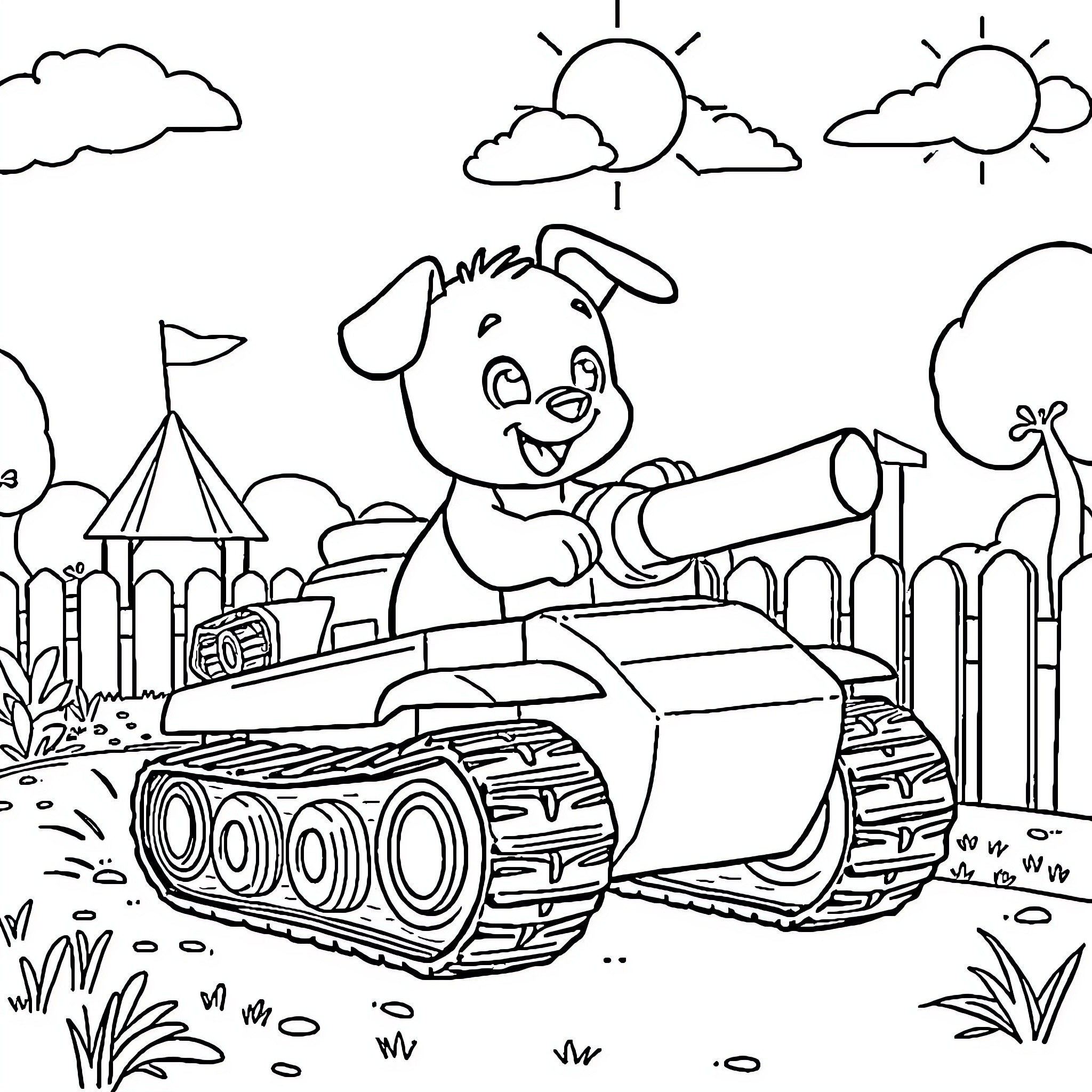 Bluey playing with a toy tank in the park Coloring Page (free black-and-white line drawing printable PDF for all, from beginners to advanced learners, including children, teens, adults, and seniors)