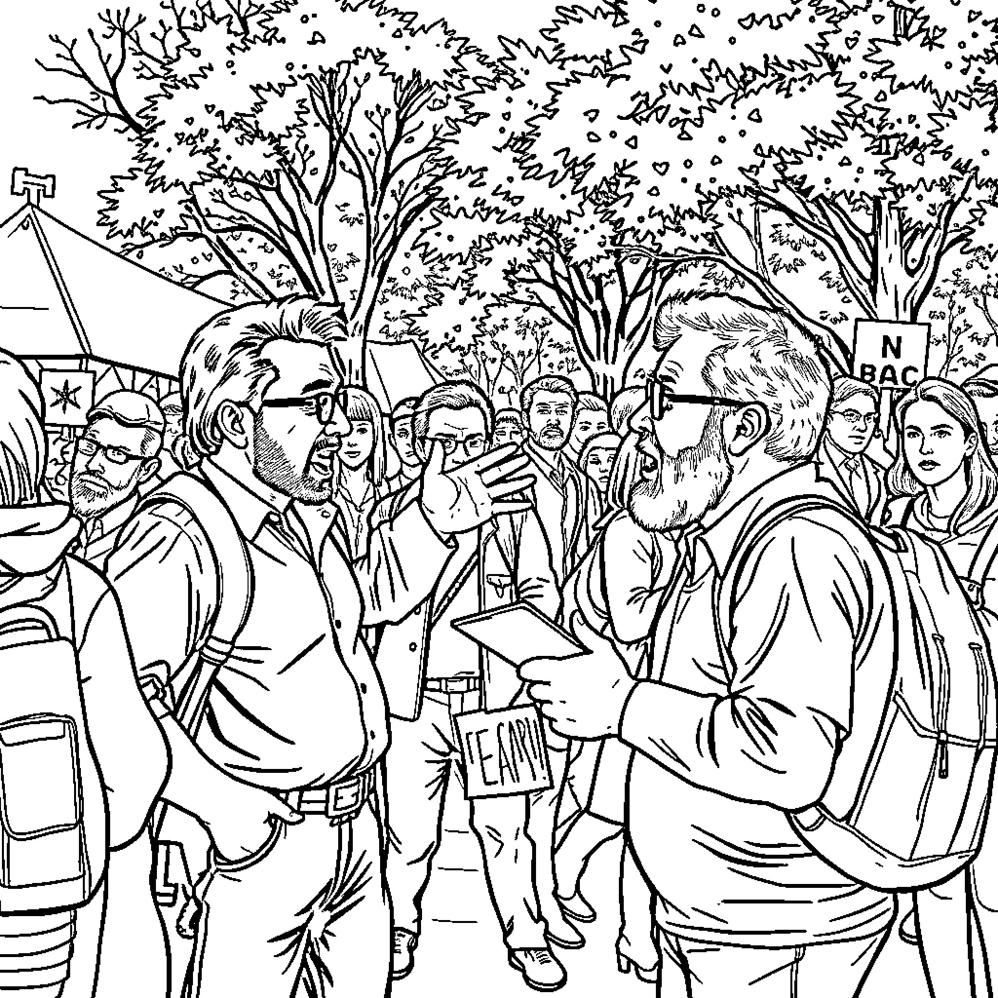 Activist group marching for change in the community Coloring Page (free black-and-white line drawing printable PDF for all, from beginners to advanced learners, including children, teens, adults, and seniors)