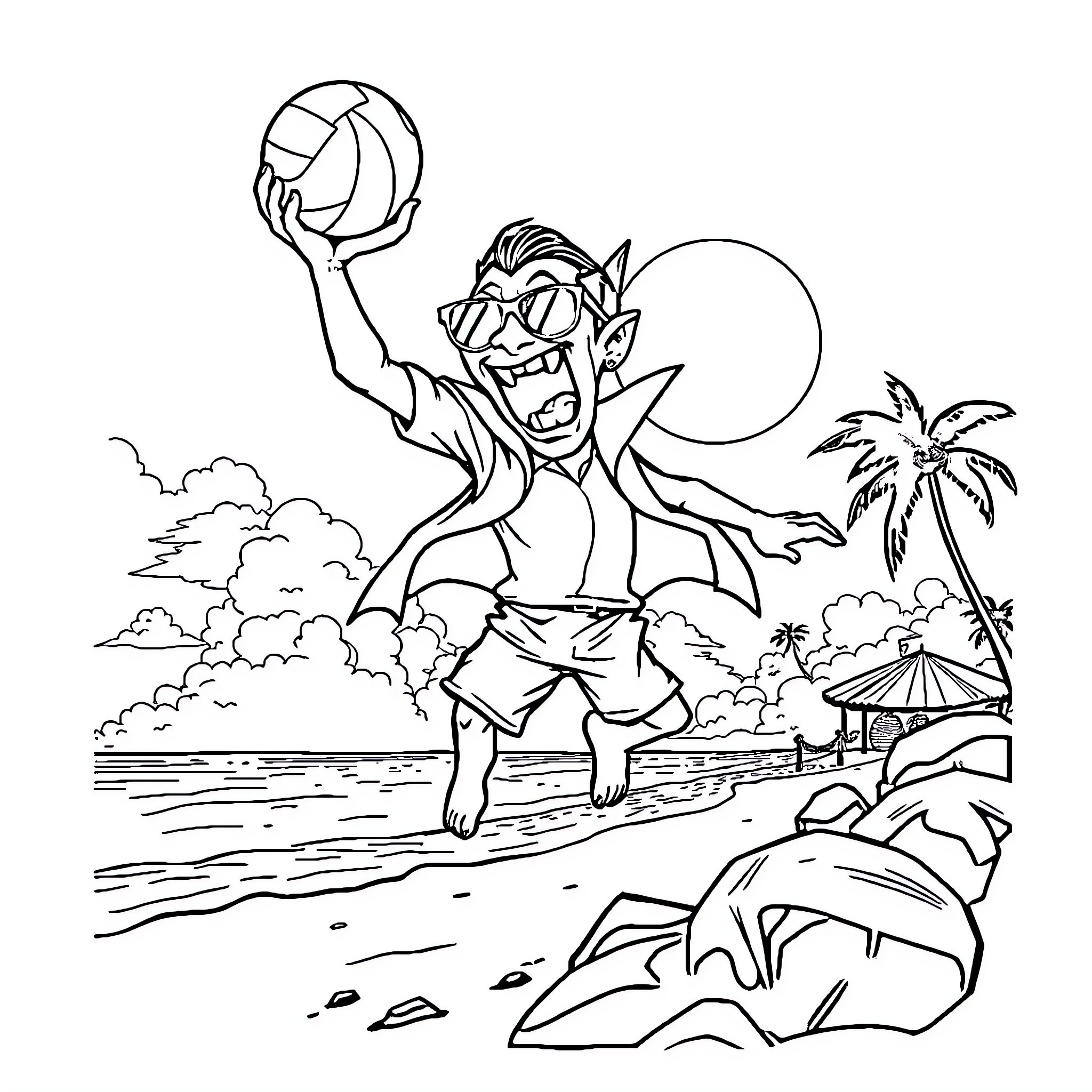 Vampire playing volleyball on the beach Coloring Page (free black-and-white line drawing printable PDF for all, from beginners to advanced learners, including children, teens, adults, and seniors)