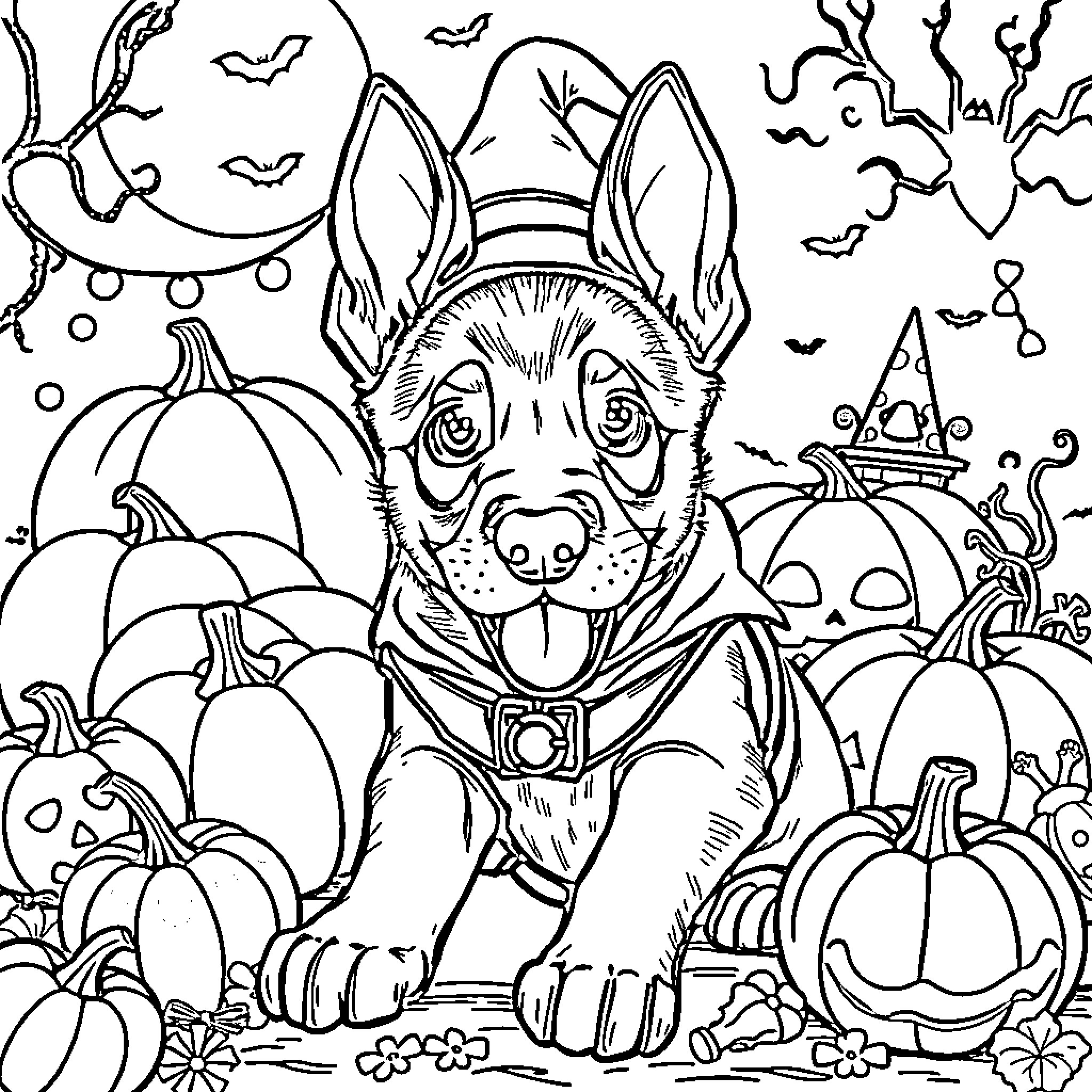 Belgian Malinois Enjoying Halloween Festivities Coloring Page (free black-and-white line drawing printable PDF for all, from beginners to advanced learners, including children, teens, adults, and seniors)