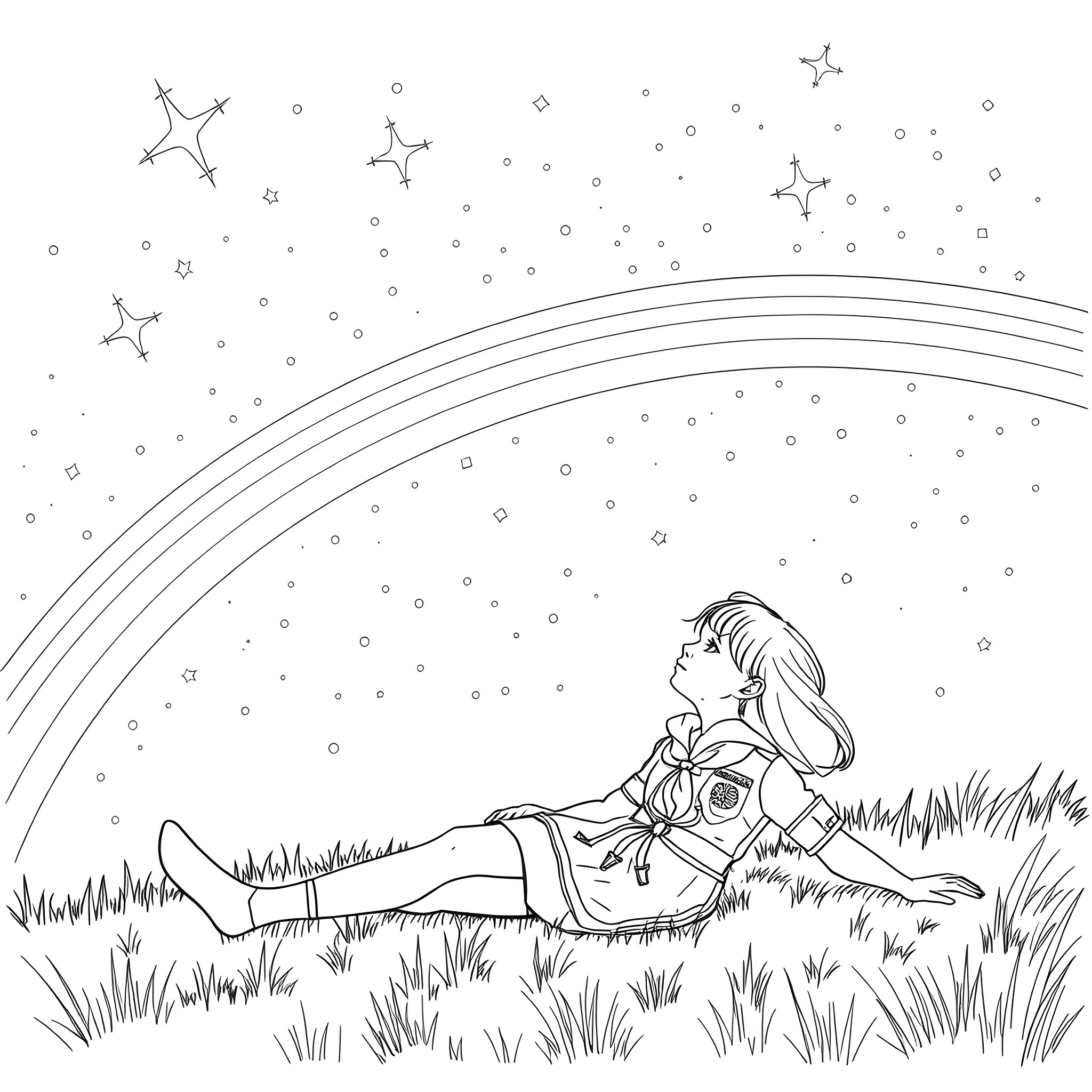 Girl lying in the grass under the starry sky Coloring Page (free black-and-white line drawing printable PDF for all, from beginners to advanced learners, including children, teens, adults, and seniors)