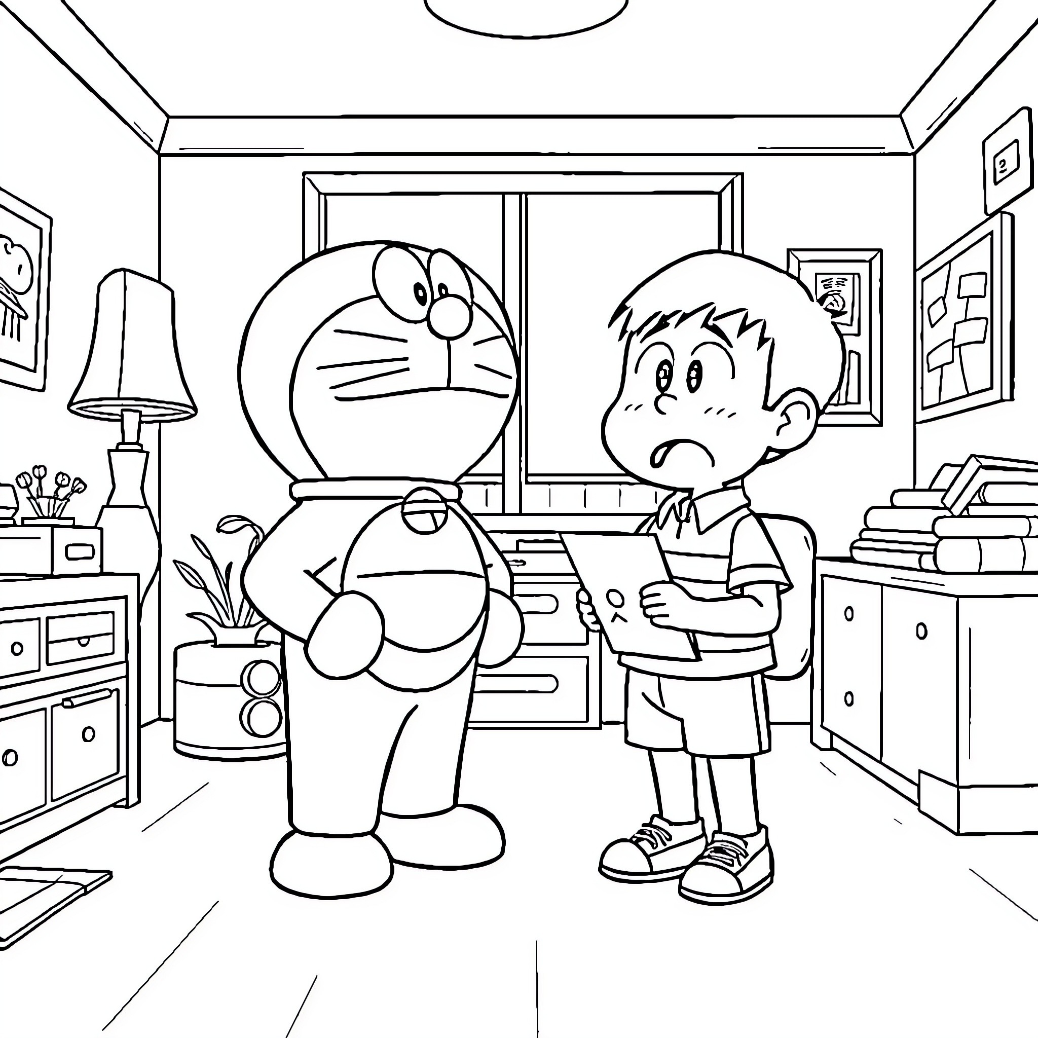 Doraemon and boy in a cozy room Coloring Page (free black-and-white line drawing printable PDF for all, from beginners to advanced learners, including children, teens, adults, and seniors)
