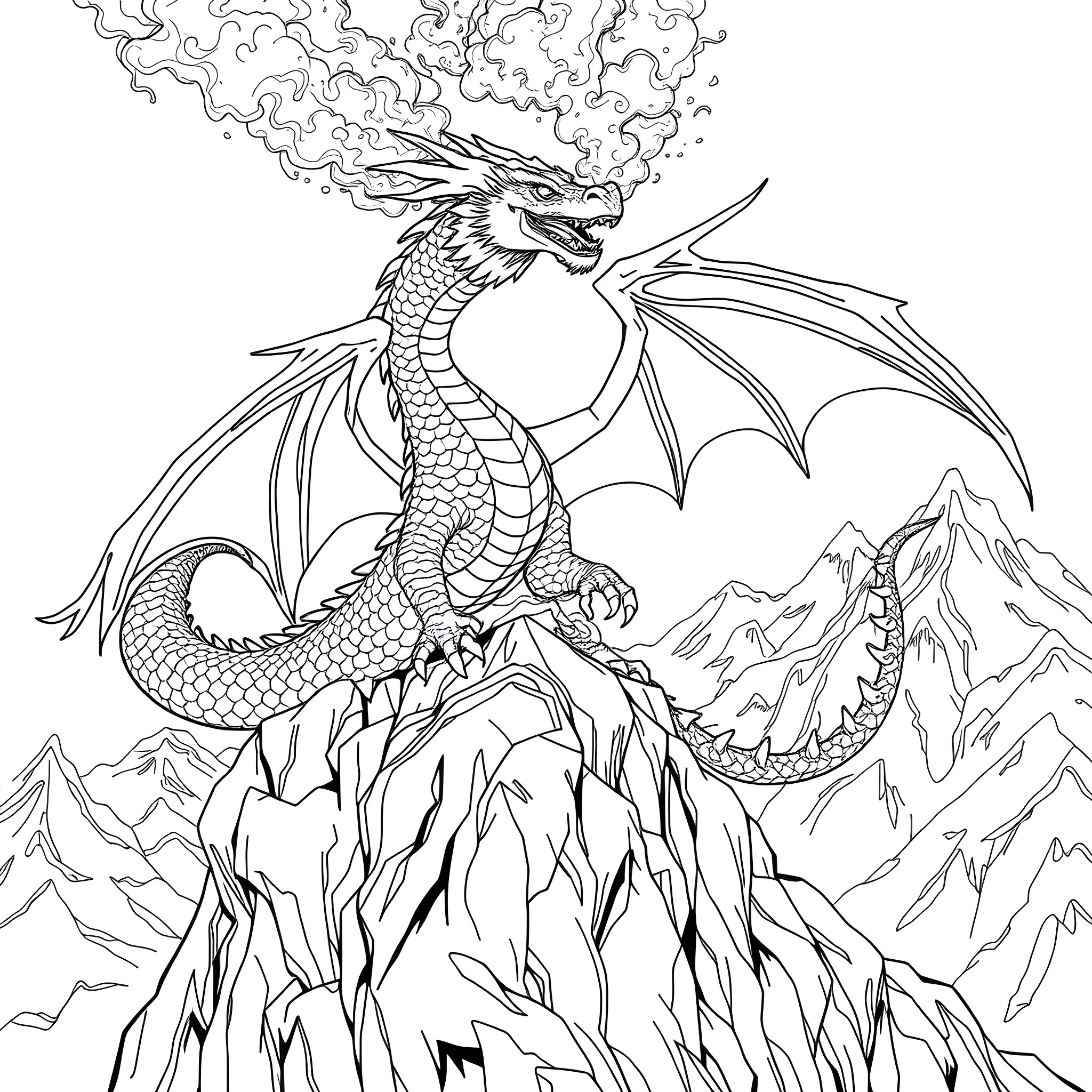 Dragon breathing fire on mountain peak Coloring Page (free black-and-white line drawing printable PDF for all, from beginners to advanced learners, including children, teens, adults, and seniors)