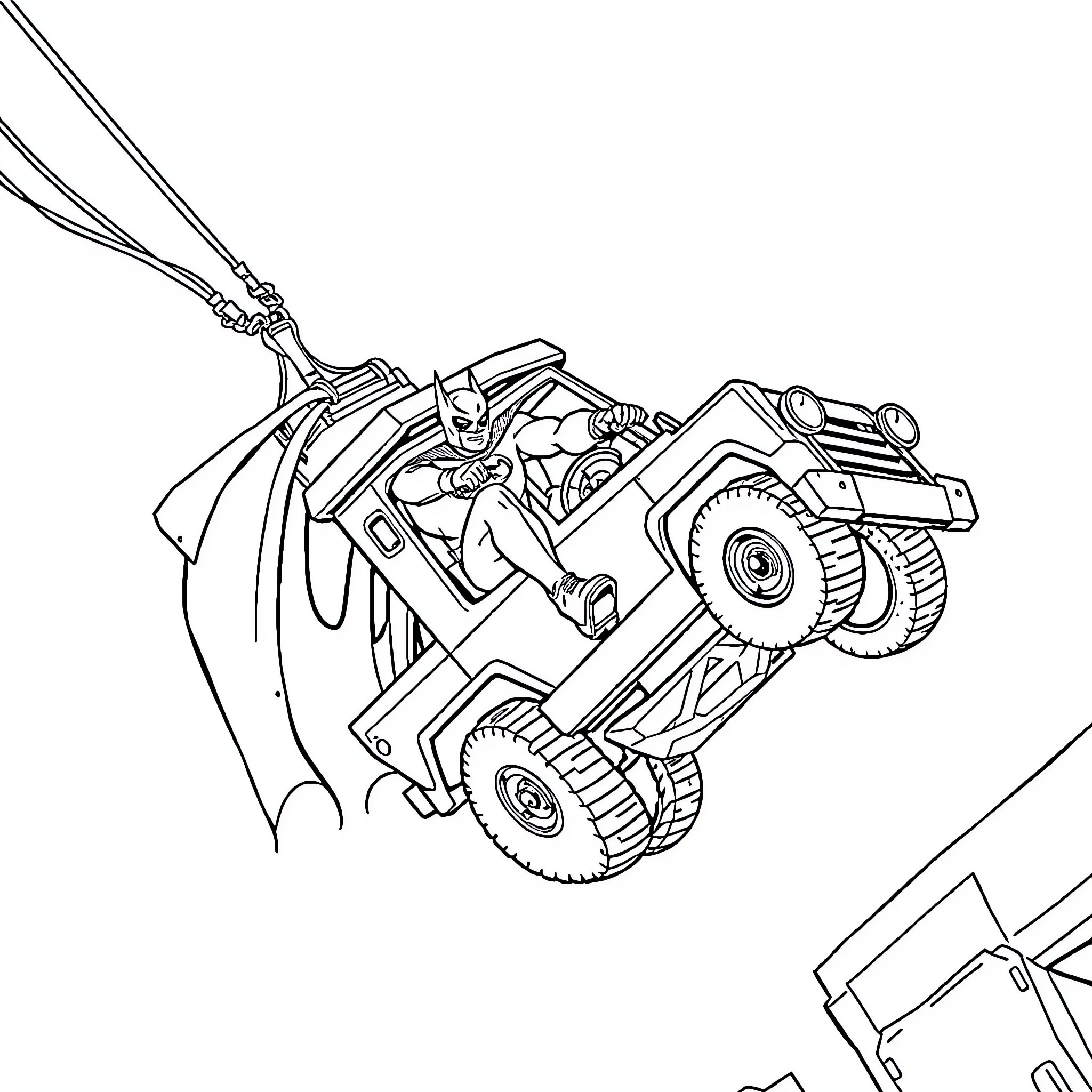 Batman riding high-tech vehicle through the city Coloring Page (free black-and-white line drawing printable PDF for all, from beginners to advanced learners, including children, teens, adults, and seniors)