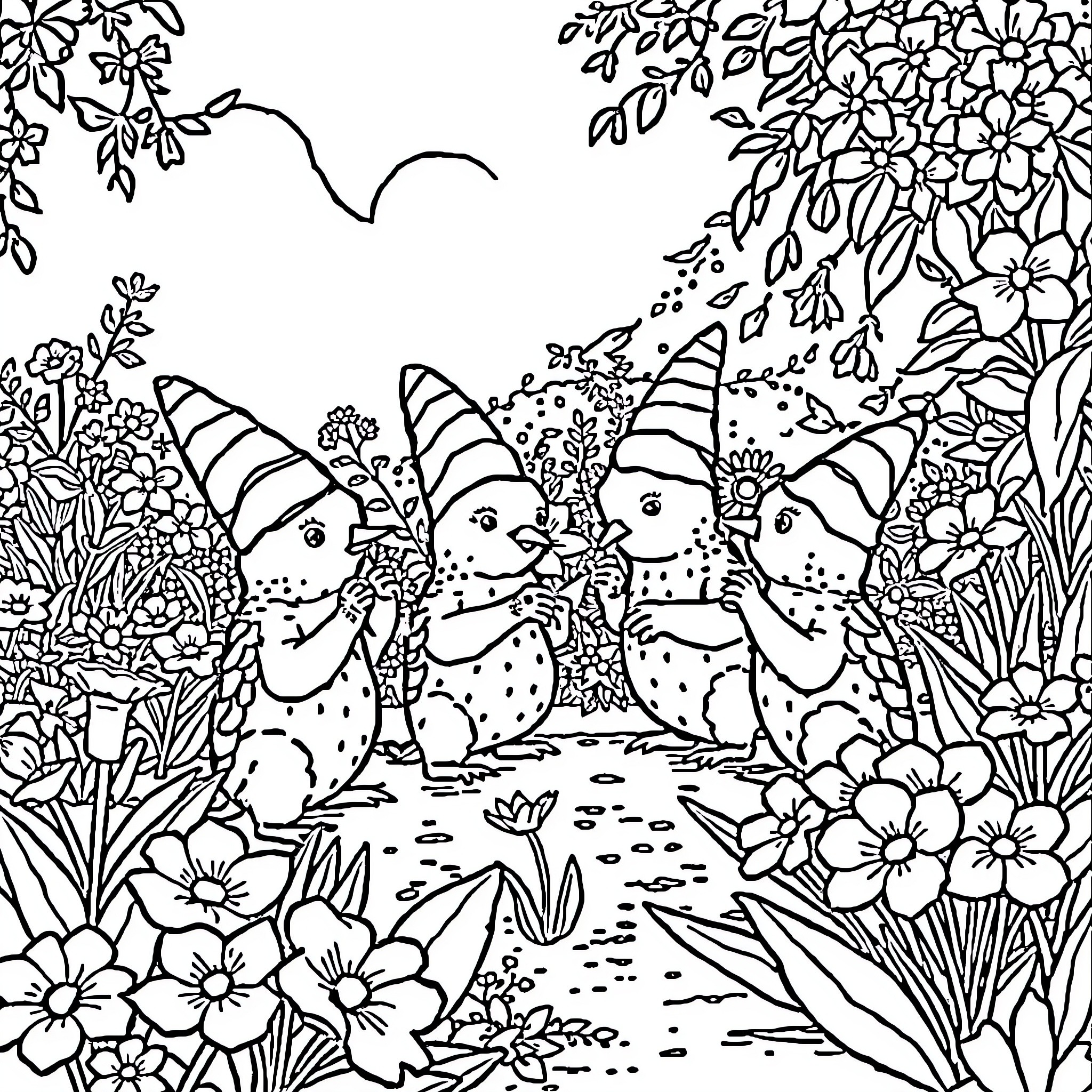 Conejito enjoying a flowery garden with friends Coloring Page (free black-and-white line drawing printable PDF for all, from beginners to advanced learners, including children, teens, adults, and seniors)