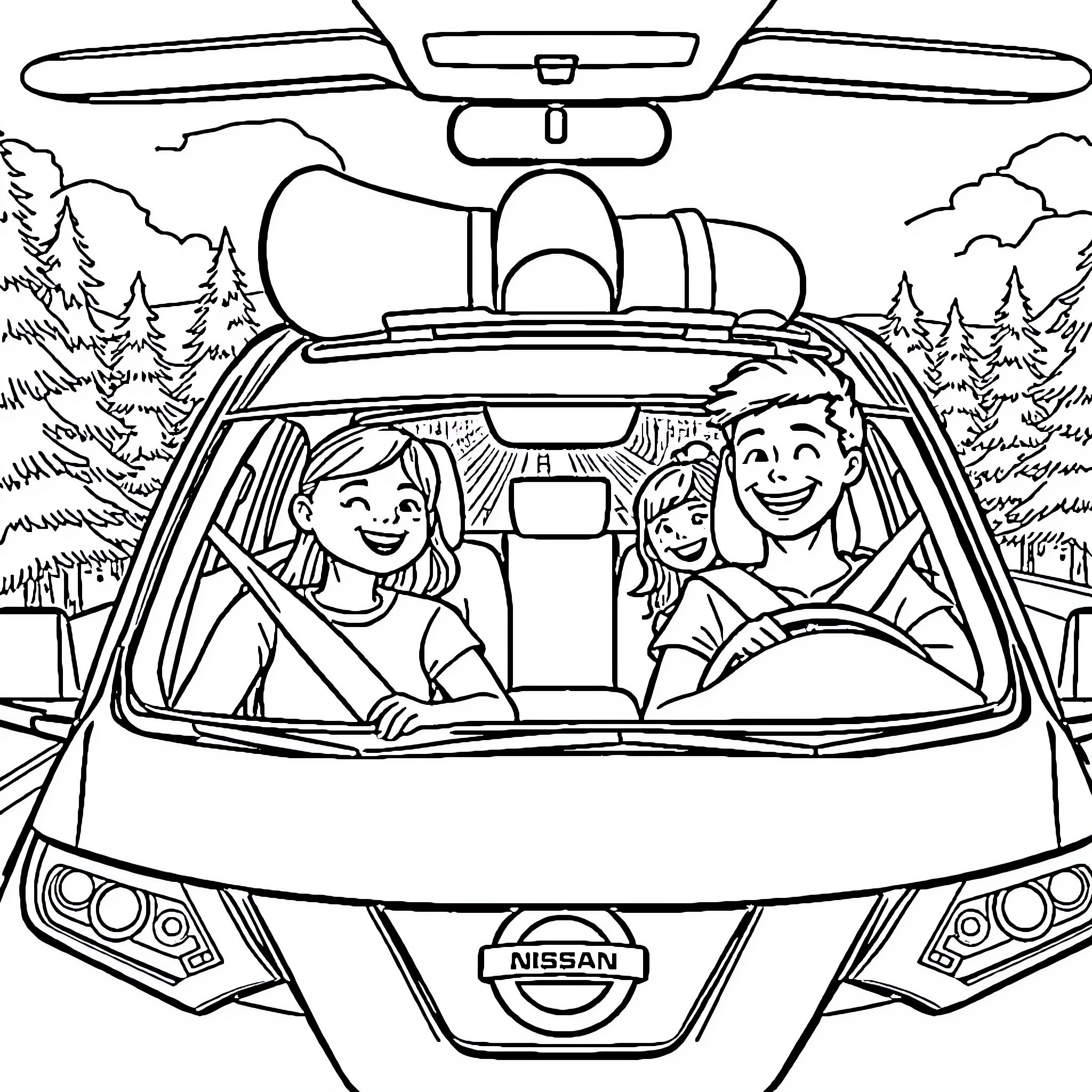 Family enjoying a road trip adventure Coloring Page (free black-and-white line drawing printable PDF for all, from beginners to advanced learners, including children, teens, adults, and seniors)