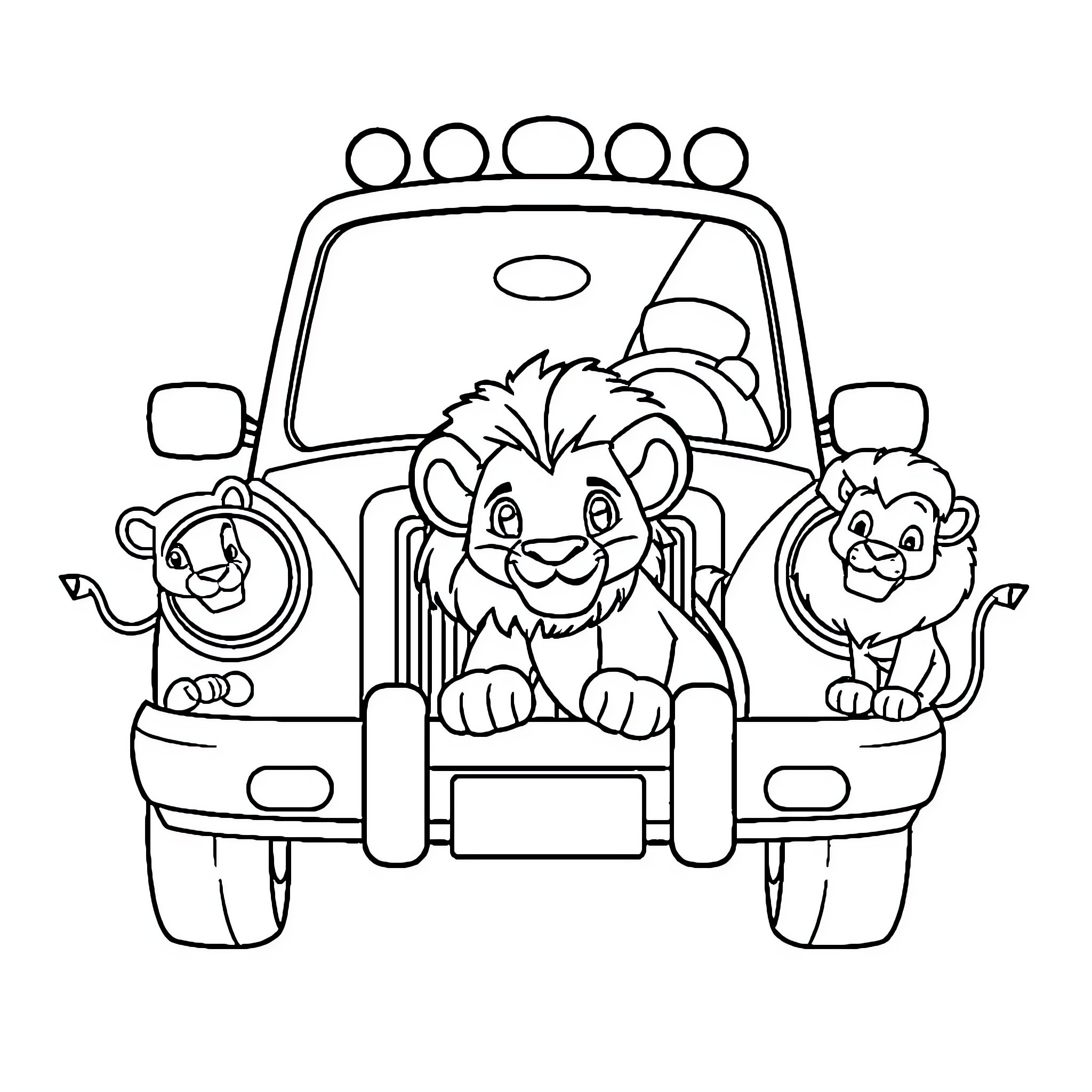 Lion King Characters Riding in a Car Coloring Page (free black-and-white line drawing printable PDF for all, from beginners to advanced learners, including children, teens, adults, and seniors)