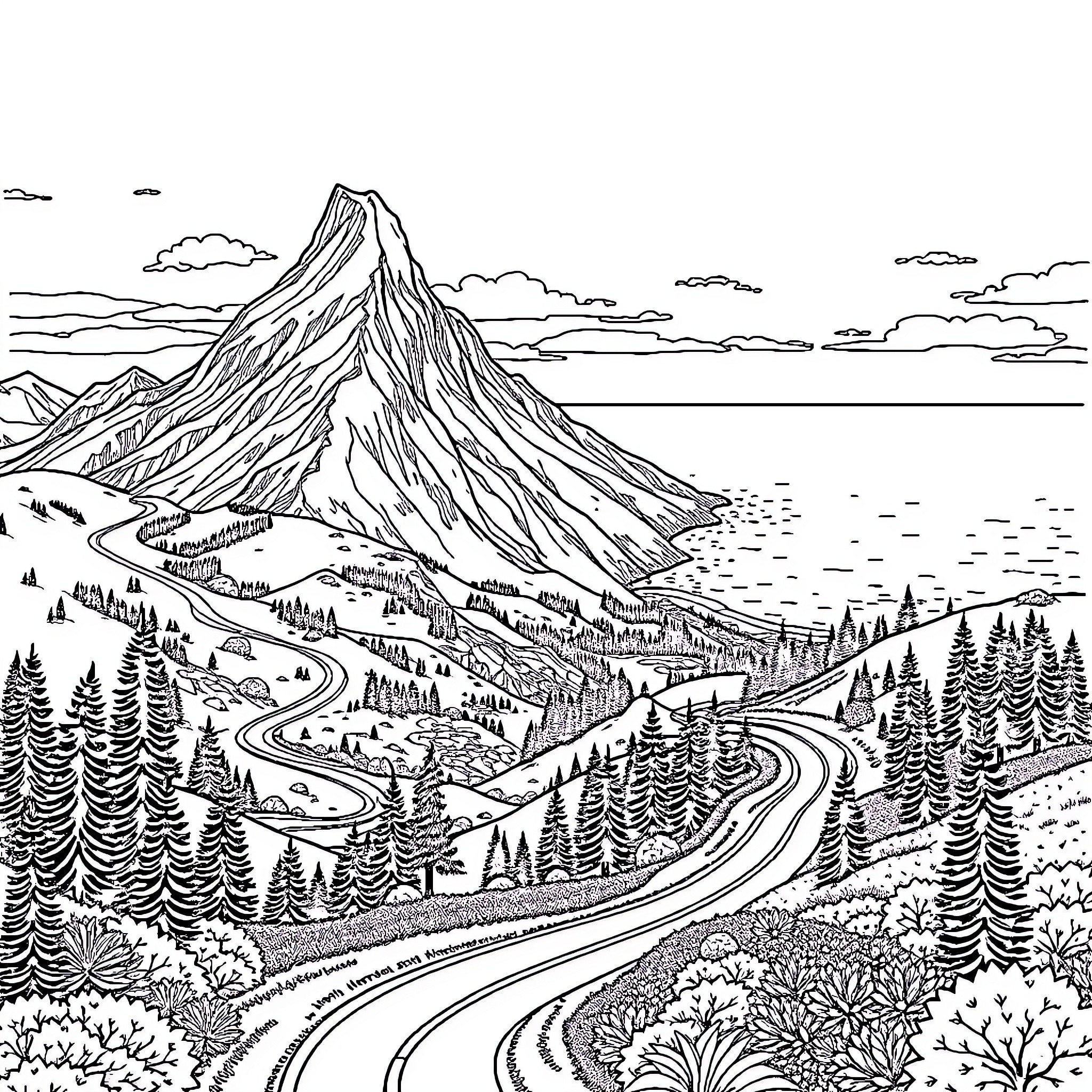Landscape of a majestic mountain and winding roads Coloring Page (free black-and-white line drawing printable PDF for all, from beginners to advanced learners, including children, teens, adults, and seniors)