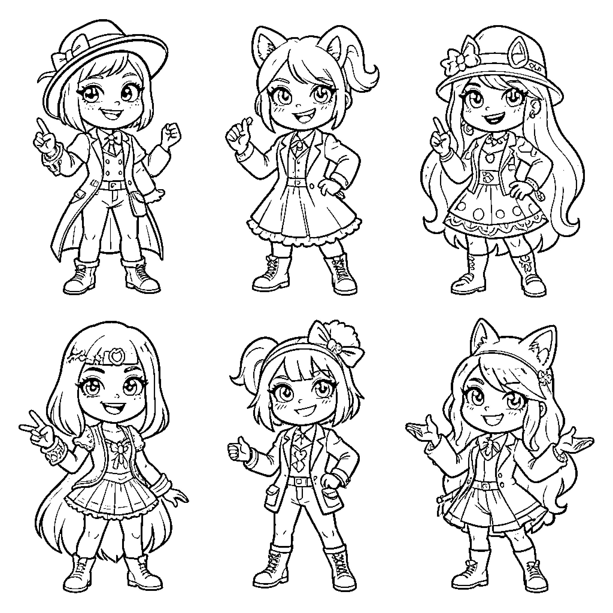 Hazbin Hotel characters in various outfits and poses Coloring Page (free black-and-white line drawing printable PDF for all, from beginners to advanced learners, including children, teens, adults, and seniors)