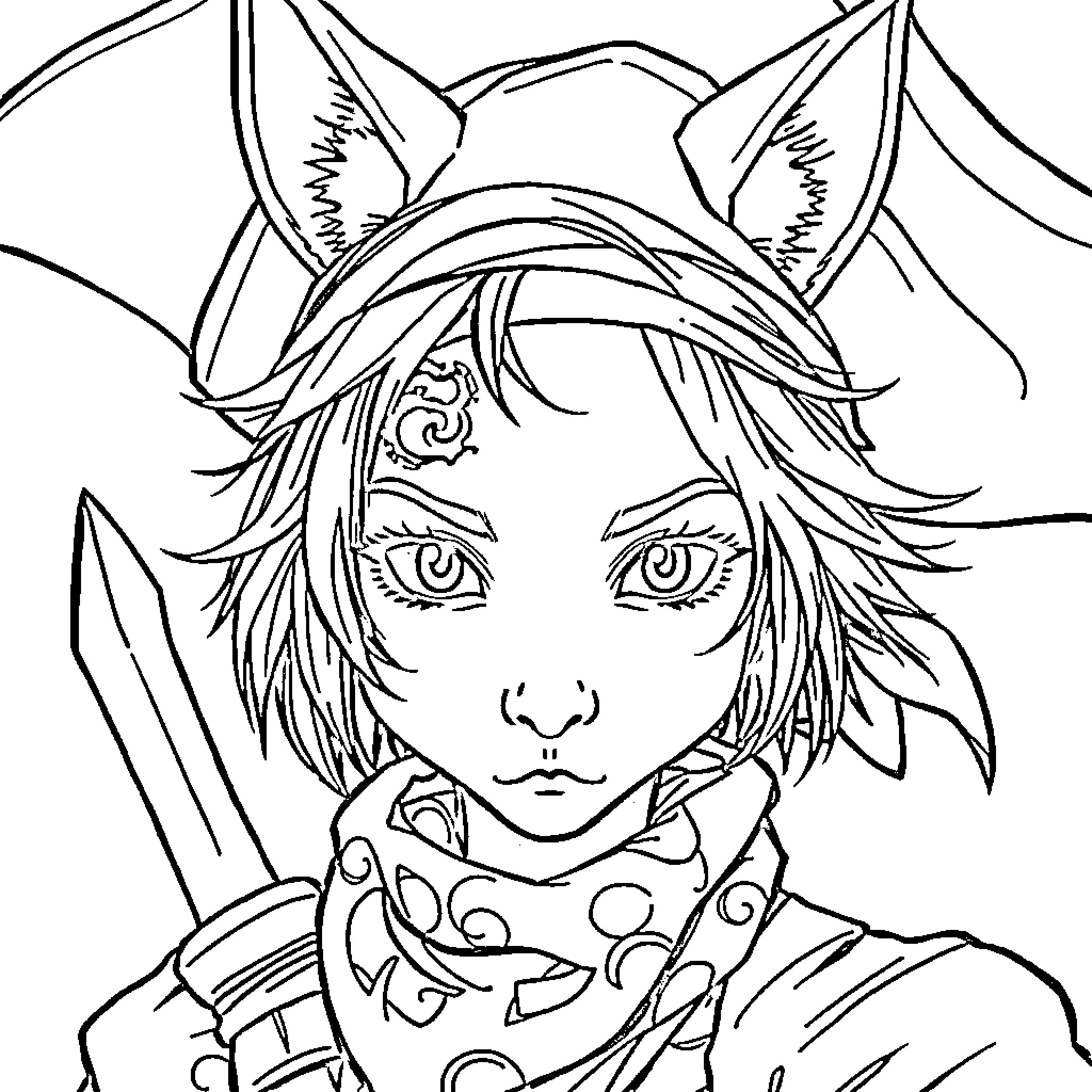 Pirate Woman with Sword and Pointy Ears Coloring Page (free black-and-white line drawing printable PDF for all, from beginners to advanced learners, including children, teens, adults, and seniors)