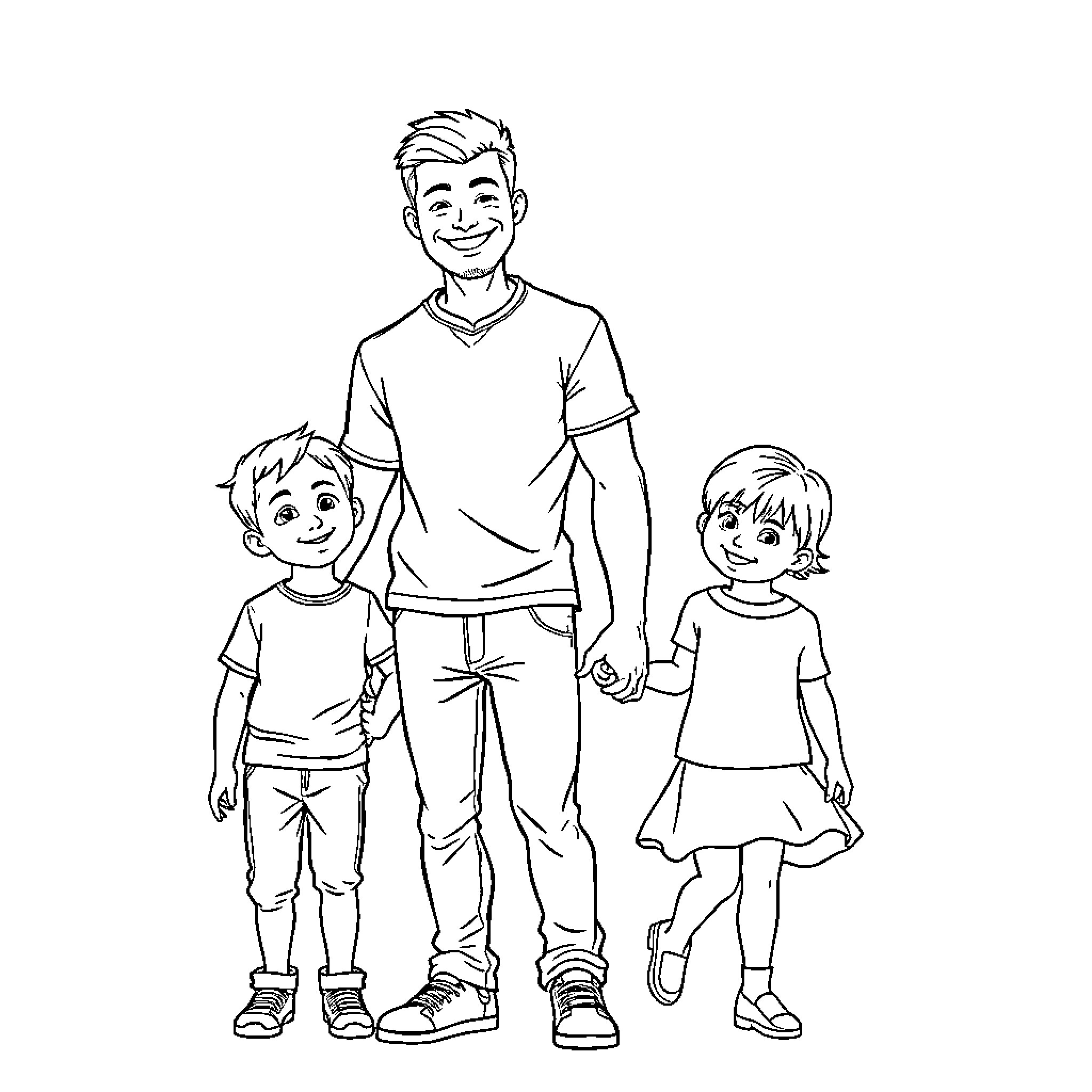 Family strolling happily together Coloring Page (free black-and-white line drawing printable PDF for all, from beginners to advanced learners, including children, teens, adults, and seniors)