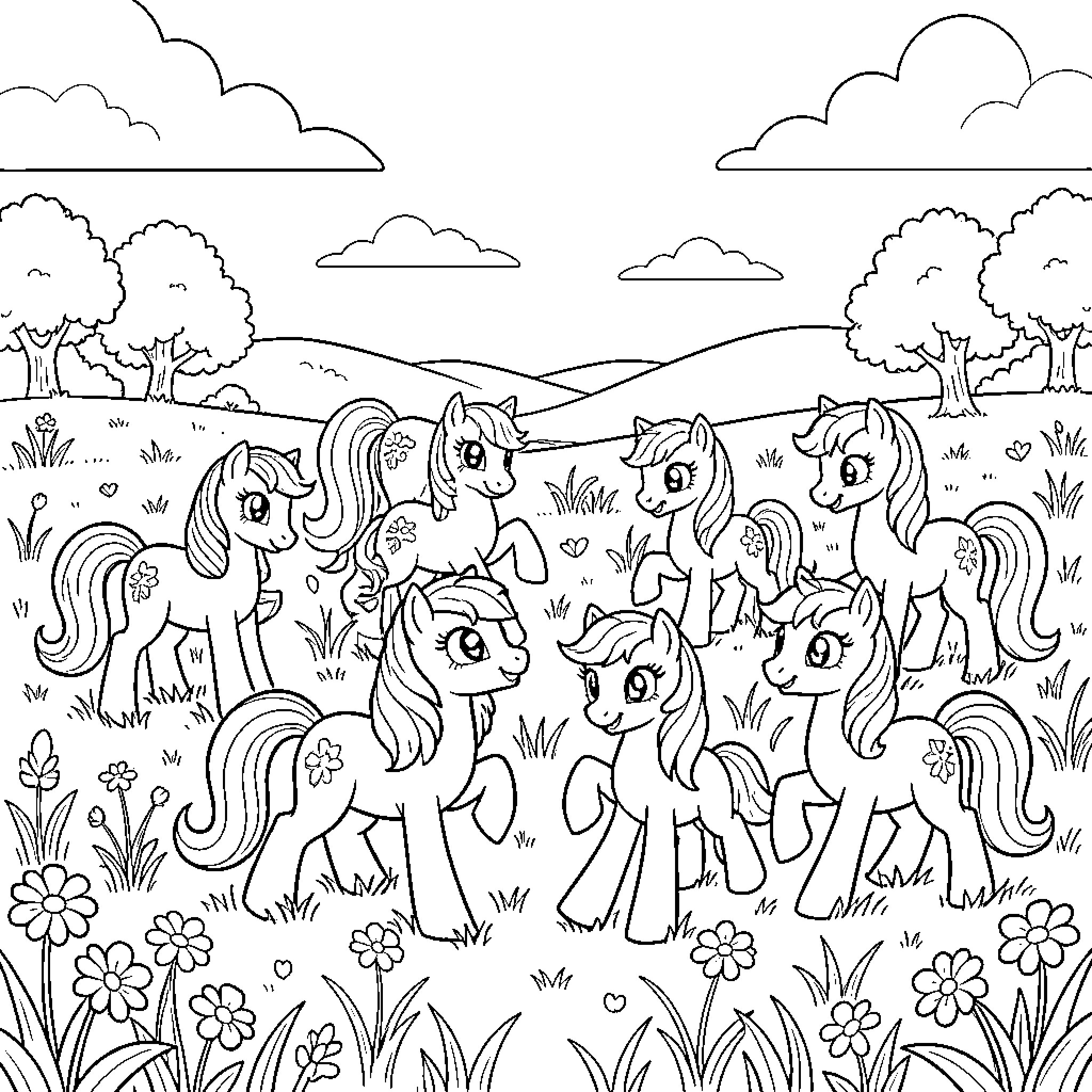 Pony group frolicking together in a flowery meadow Coloring Page (free black-and-white line drawing printable PDF for all, from beginners to advanced learners, including children, teens, adults, and seniors)