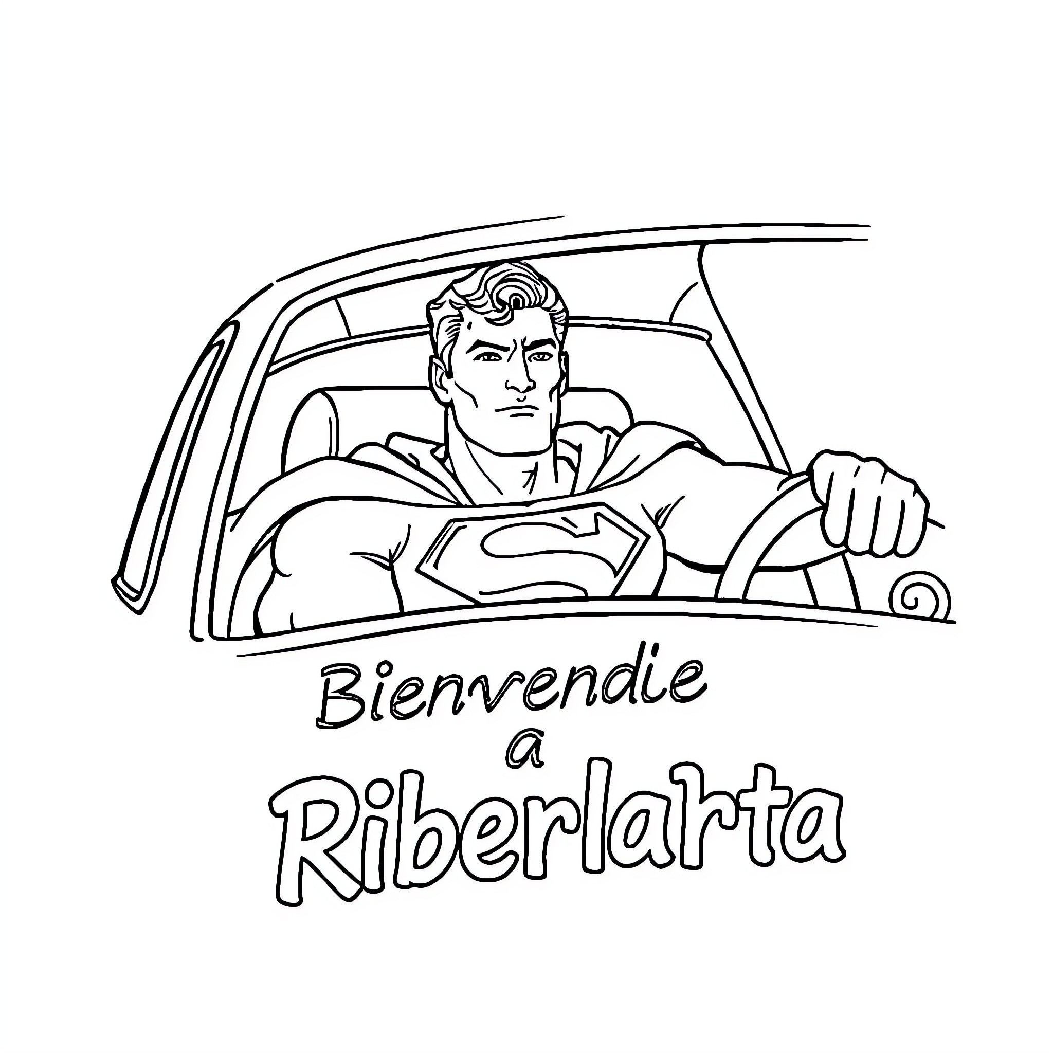 Superman driving to Riberlarta Coloring Page (free black-and-white line drawing printable PDF for all, from beginners to advanced learners, including children, teens, adults, and seniors)
