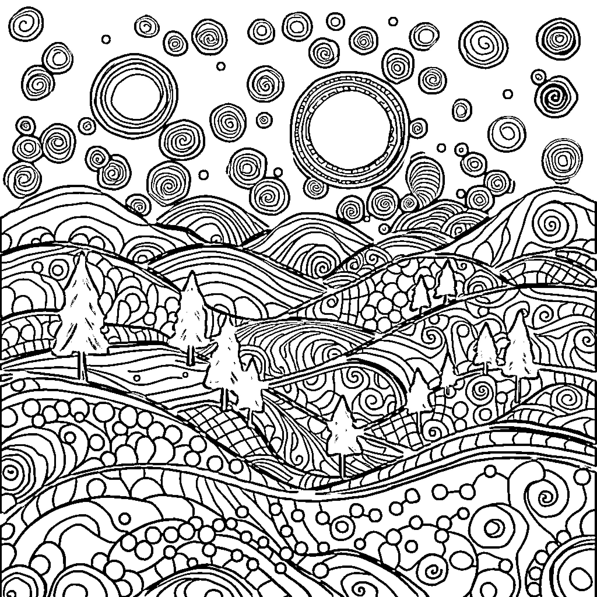 Landscape of abstract patterns and shapes Coloring Page (free black-and-white line drawing printable PDF for all, from beginners to advanced learners, including children, teens, adults, and seniors)