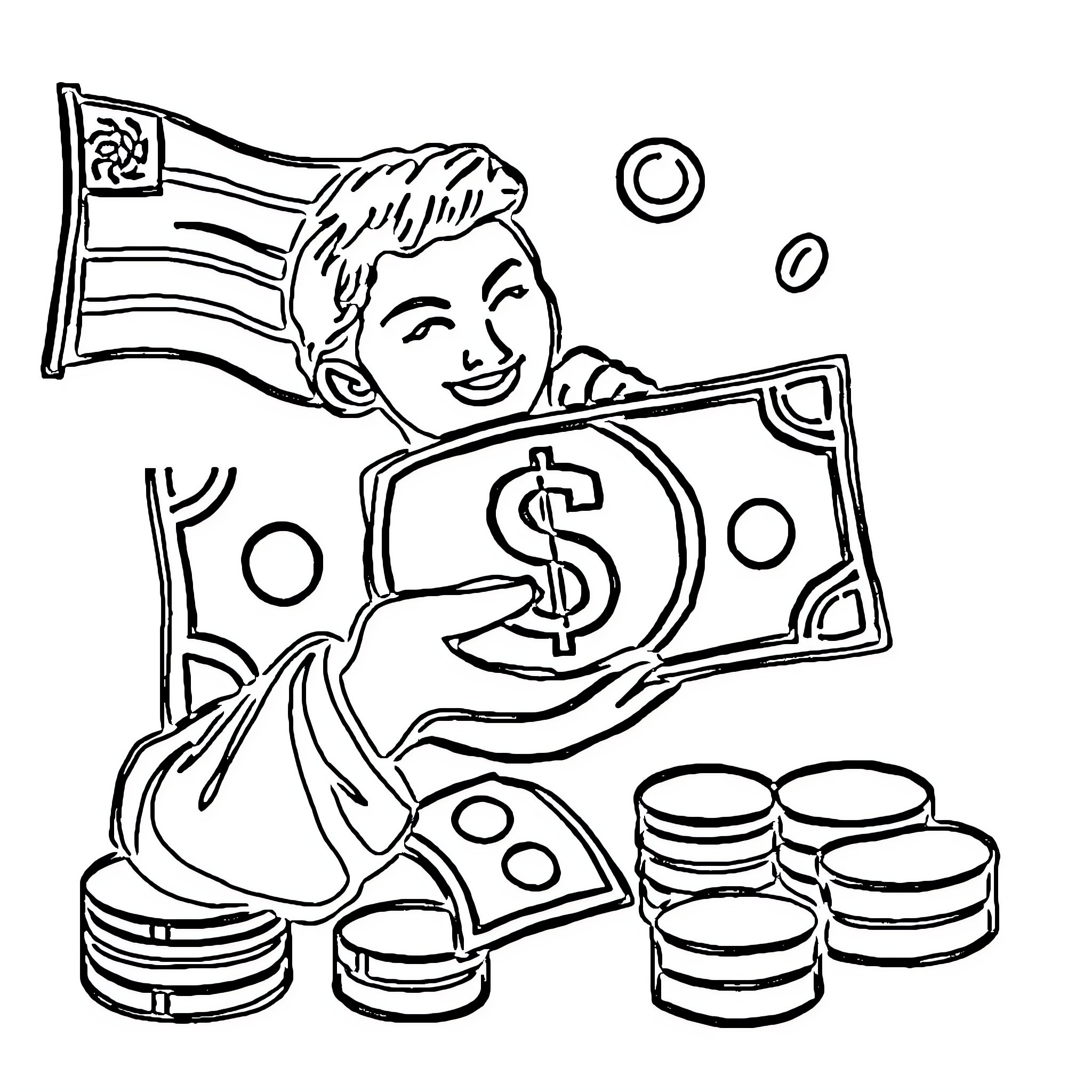 Income generation with joy and enthusiasm Coloring Page (free black-and-white line drawing printable PDF for all, from beginners to advanced learners, including children, teens, adults, and seniors)