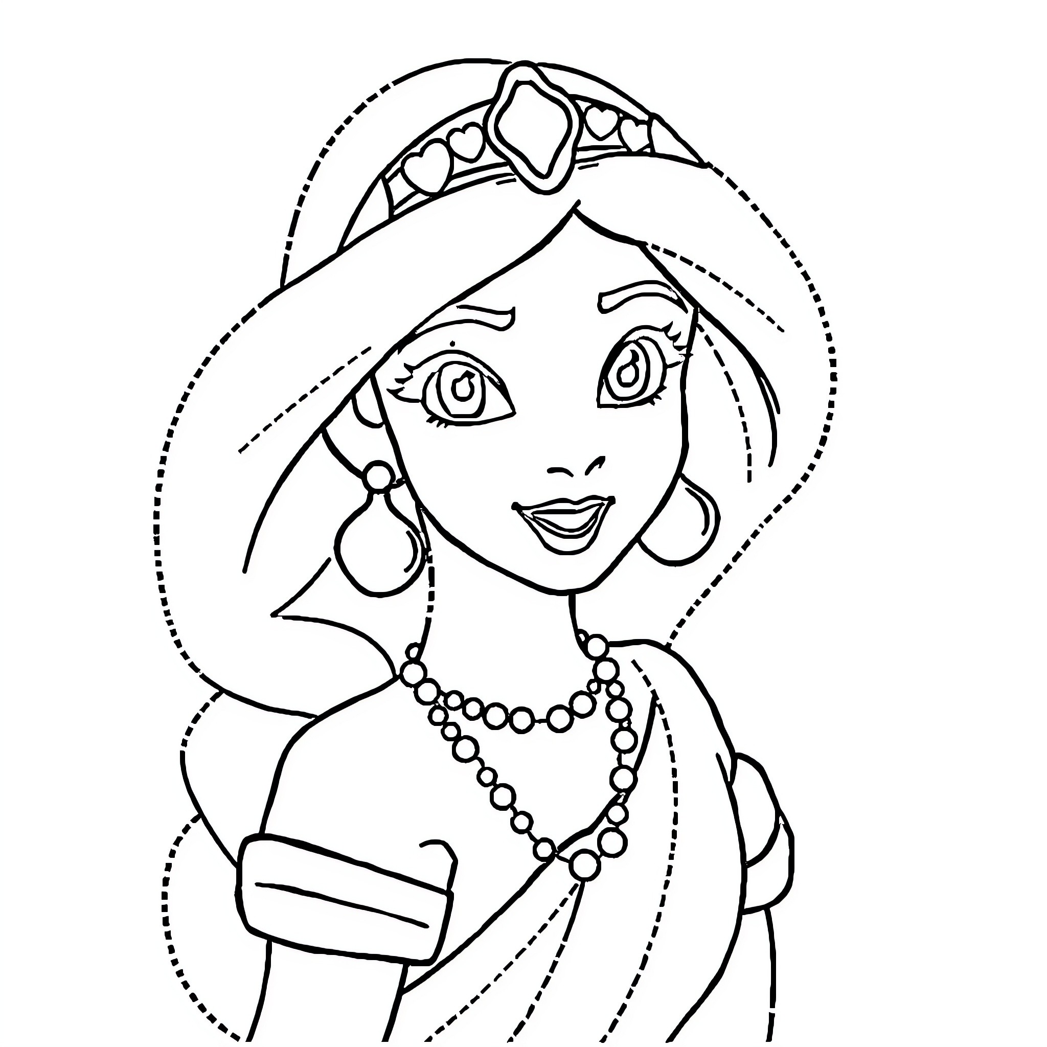 Princess Jasmine in a smiling expression Coloring Page (free black-and-white line drawing printable PDF for all, from beginners to advanced learners, including children, teens, adults, and seniors)