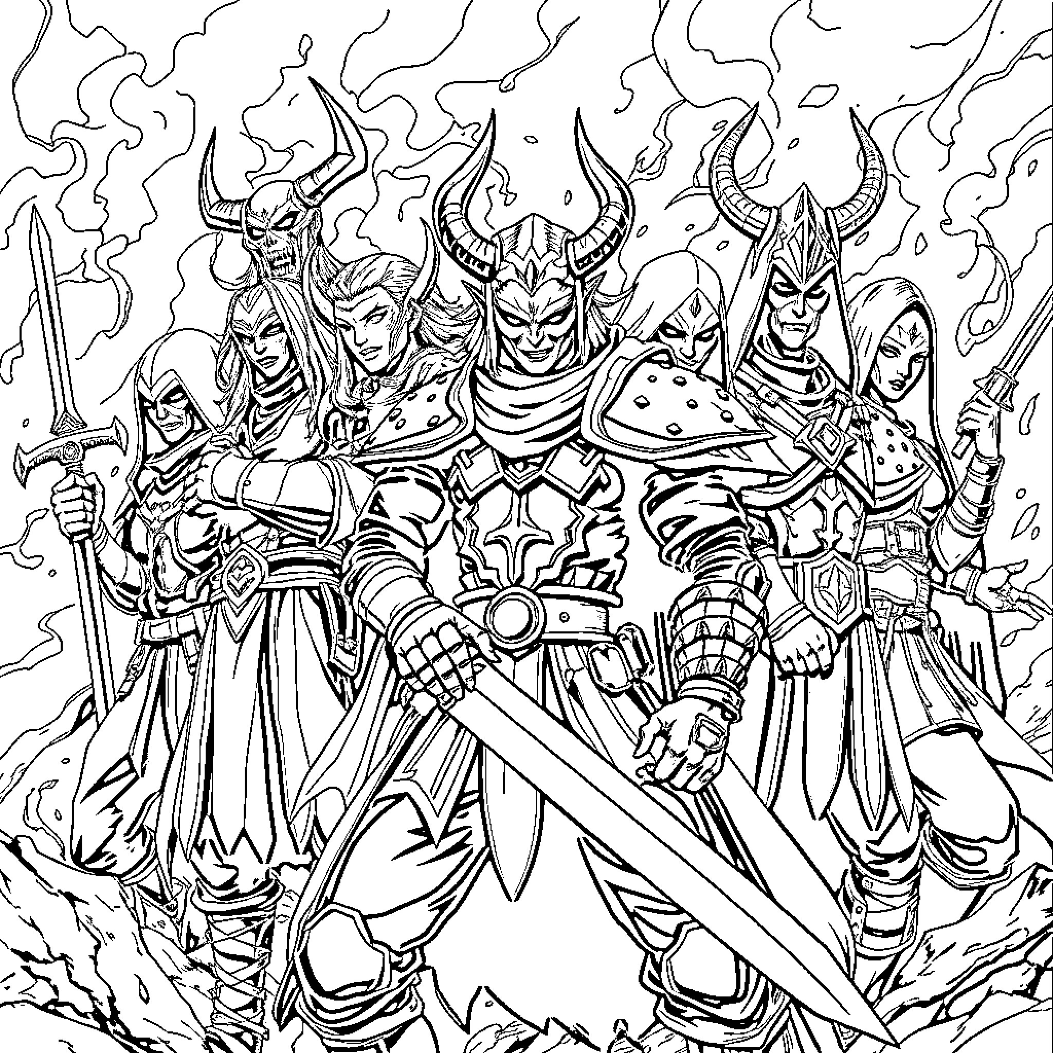 Demon Slayer: Fierce Warrior Band in Action Coloring Page (free black-and-white line drawing printable PDF for all, from beginners to advanced learners, including children, teens, adults, and seniors)