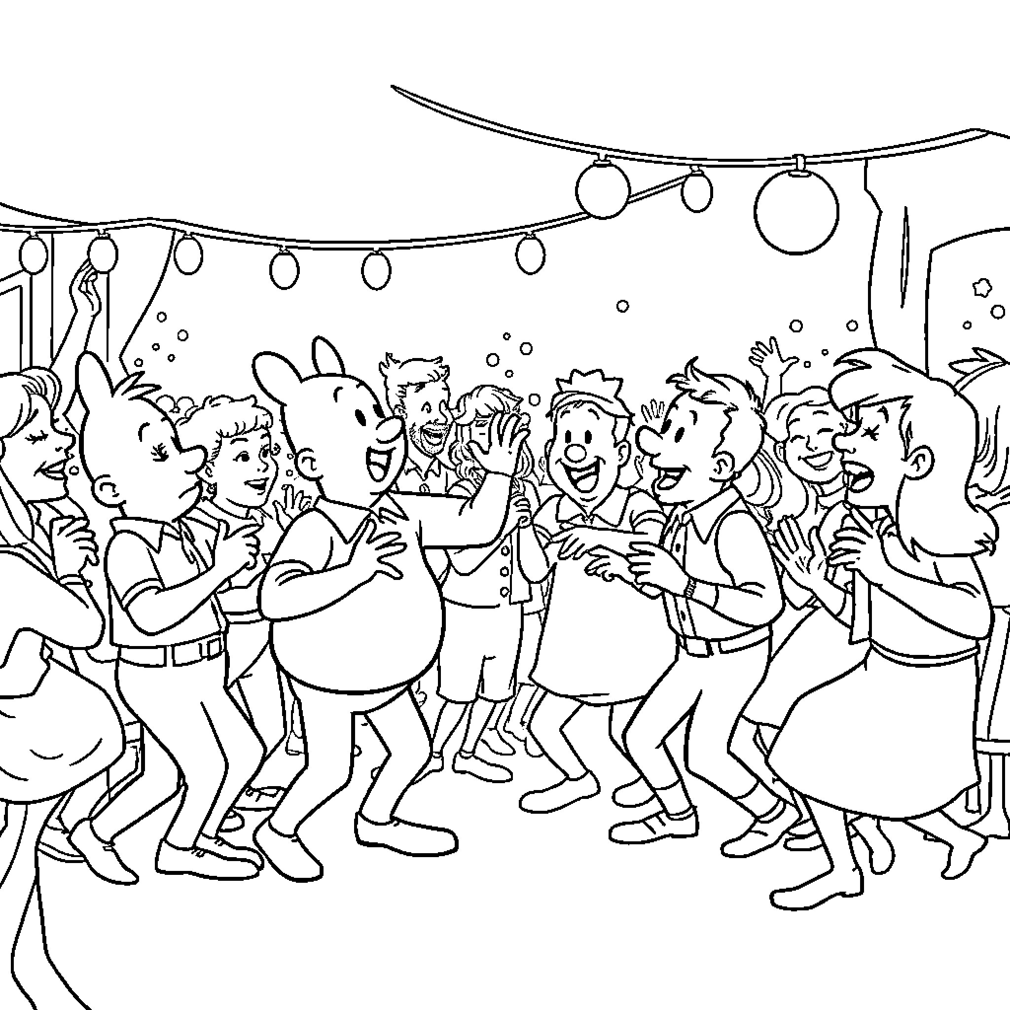 Tintin and friends celebrating joyfully at a party Coloring Page (free black-and-white line drawing printable PDF for all, from beginners to advanced learners, including children, teens, adults, and seniors)