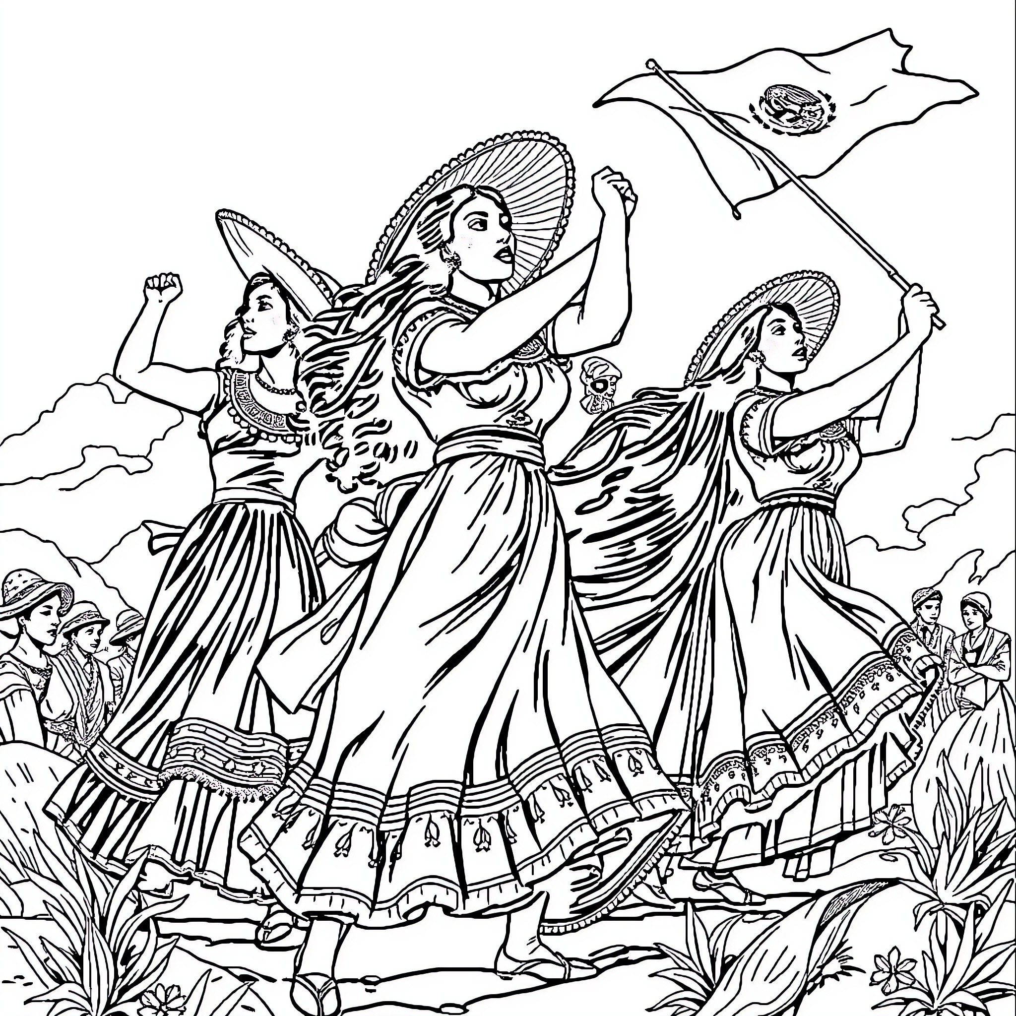 Adelita's Celebration of Culture and Resilience Coloring Page (free black-and-white line drawing printable PDF for all, from beginners to advanced learners, including children, teens, adults, and seniors)