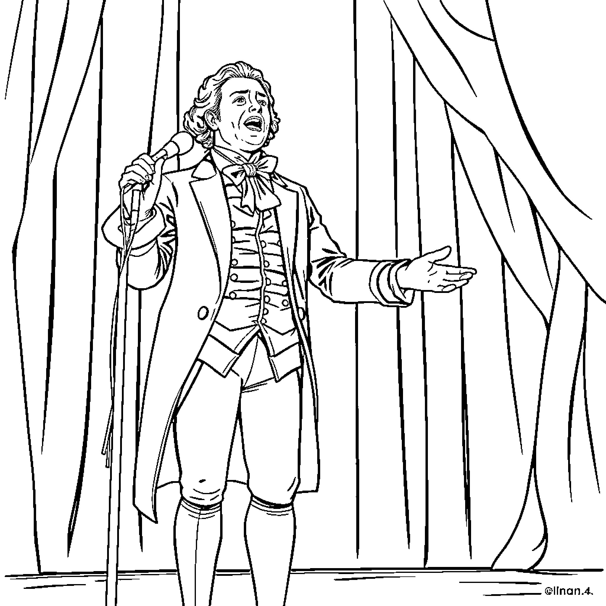 Alexander Hamilton Performing on Stage Coloring Page (free black-and-white line drawing printable PDF for all, from beginners to advanced learners, including children, teens, adults, and seniors)
