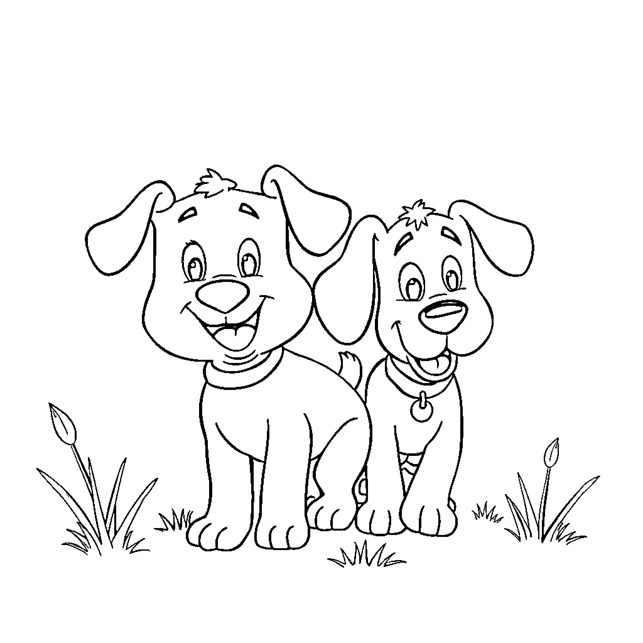 Bluey and friend playing in the grass Coloring Page (free black-and-white line drawing printable PDF for all, from beginners to advanced learners, including children, teens, adults, and seniors)