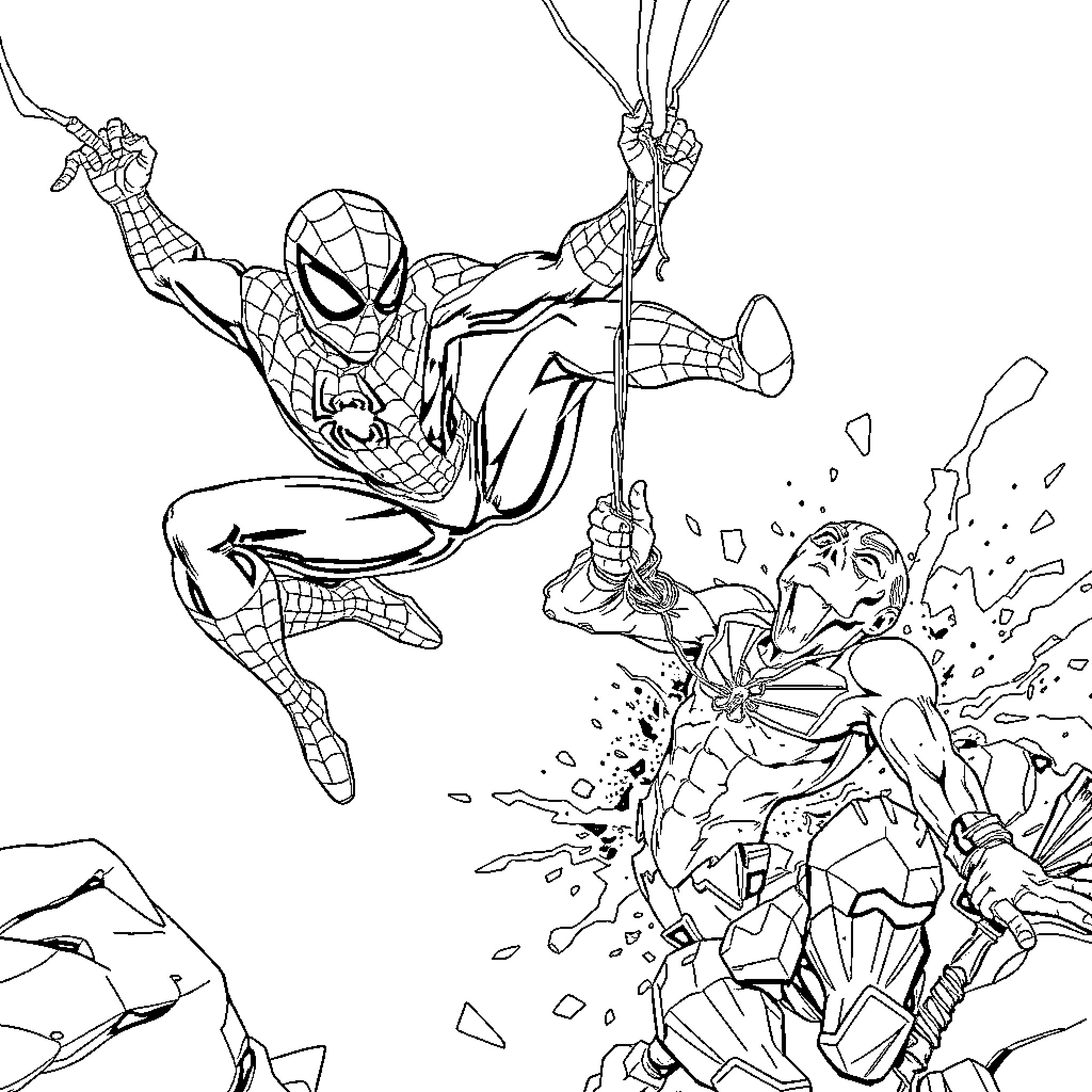 Spiderman Swinging Into Action Against Villains Coloring Page (free black-and-white line drawing printable PDF for all, from beginners to advanced learners, including children, teens, adults, and seniors)