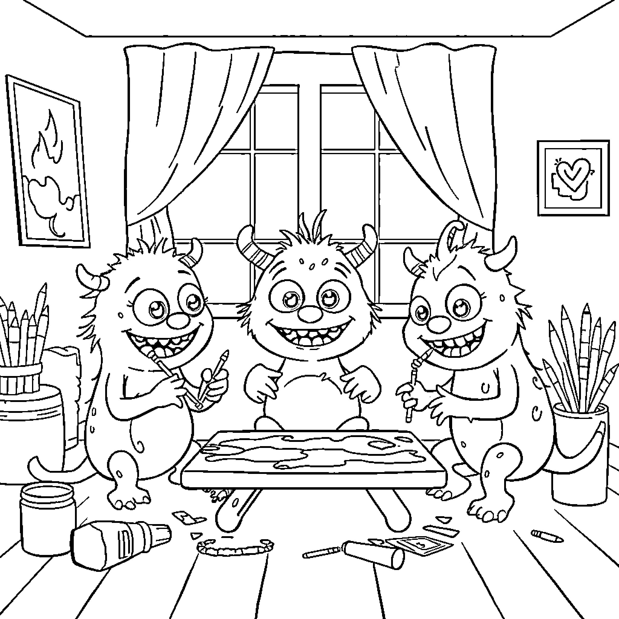 Monster Friends Creating Art Together Coloring Page (free black-and-white line drawing printable PDF for all, from beginners to advanced learners, including children, teens, adults, and seniors)