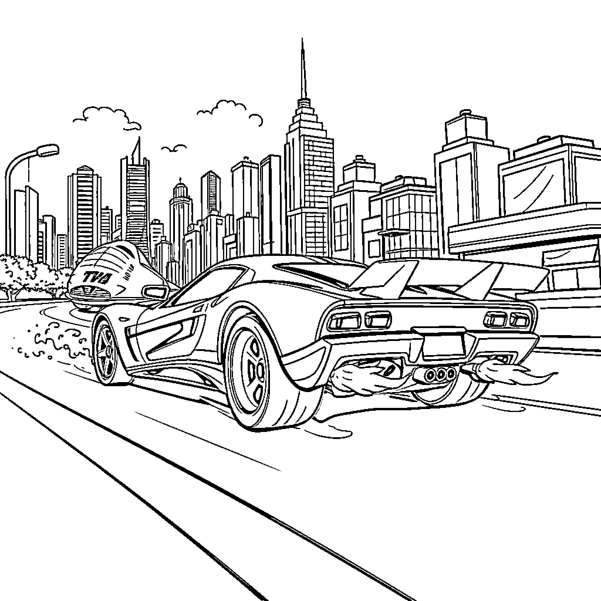 Hot Wheels racing through the city skyline Coloring Page (free black-and-white line drawing printable PDF for all, from beginners to advanced learners, including children, teens, adults, and seniors)