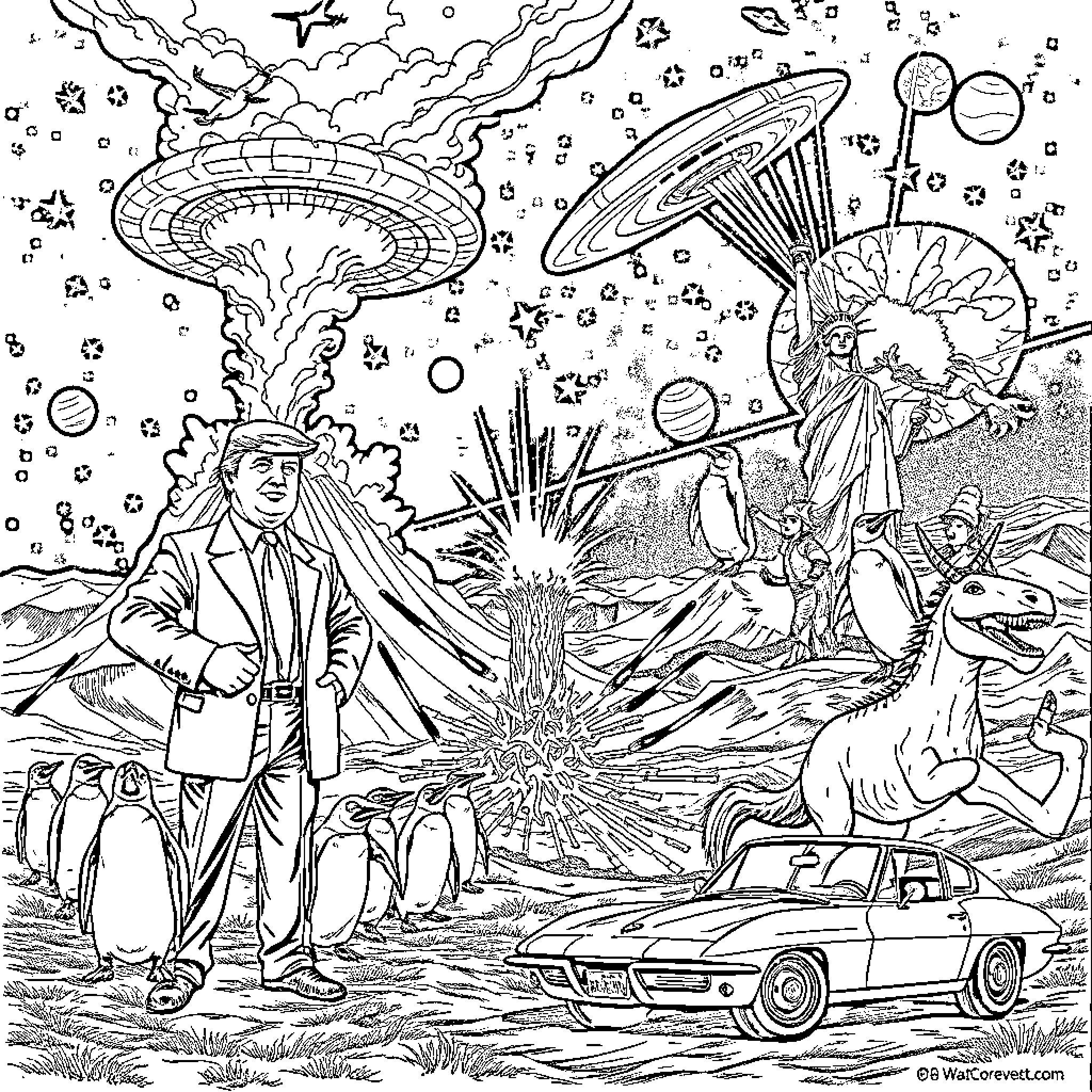 Trump's Fantastic Alien Encounter in the Colorful Cosmos Coloring Page (free black-and-white line drawing printable PDF for all, from beginners to advanced learners, including children, teens, adults, and seniors)