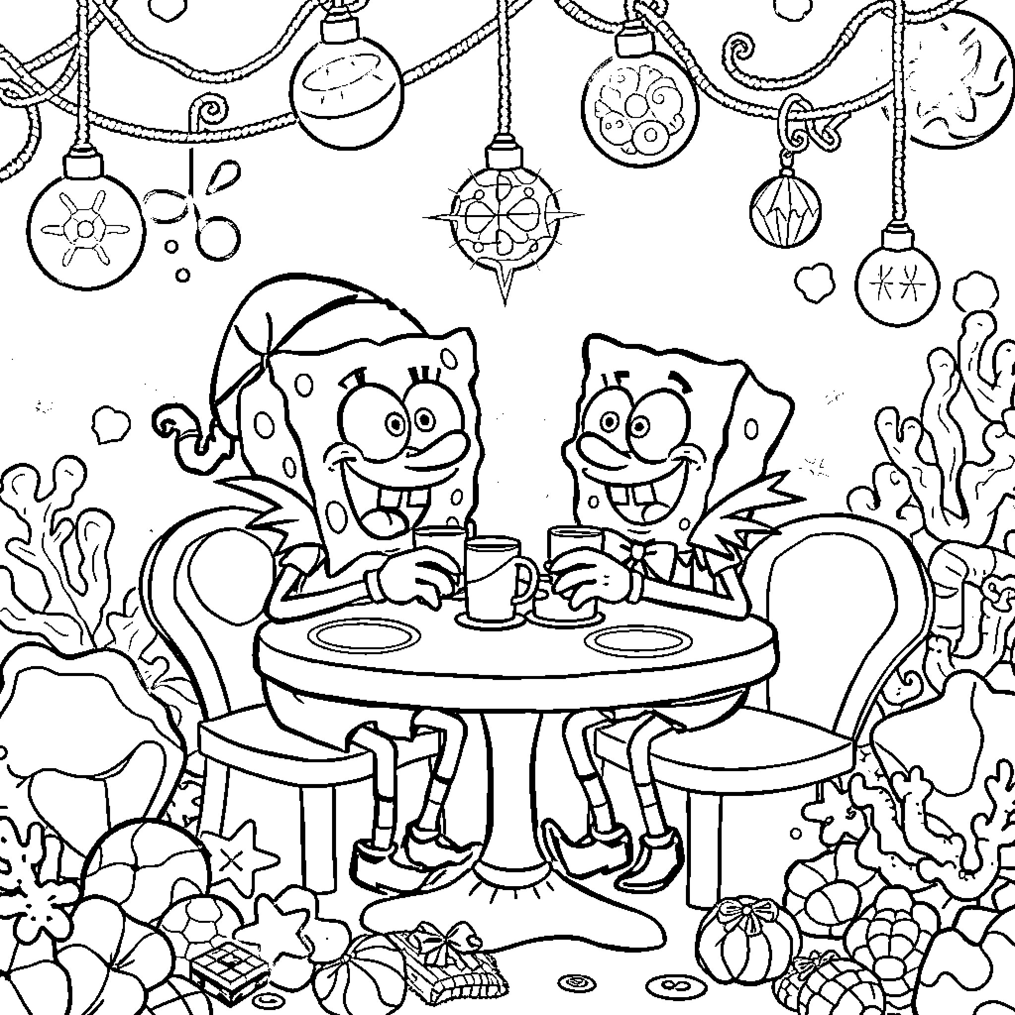 Spongebob and Patrick enjoying a festive meal under Christmas decorations Coloring Page (free black-and-white line drawing printable PDF for all, from beginners to advanced learners, including children, teens, adults, and seniors)